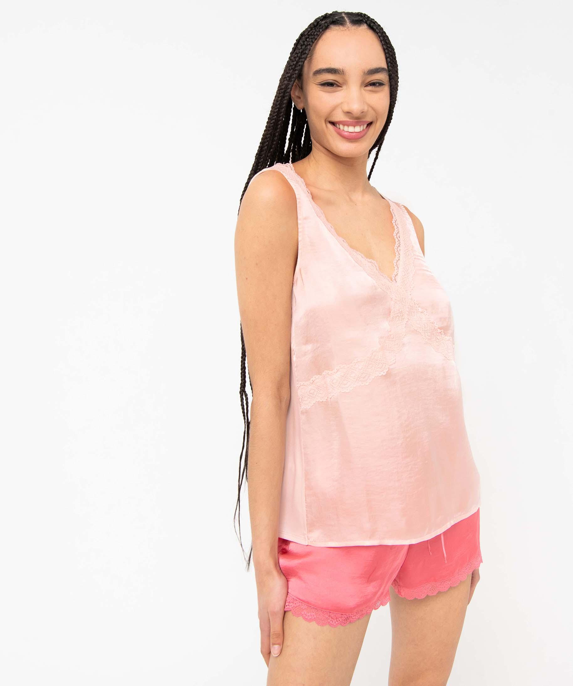 Débardeur lingerie en matière satinée et dentelle femme rose GEMO