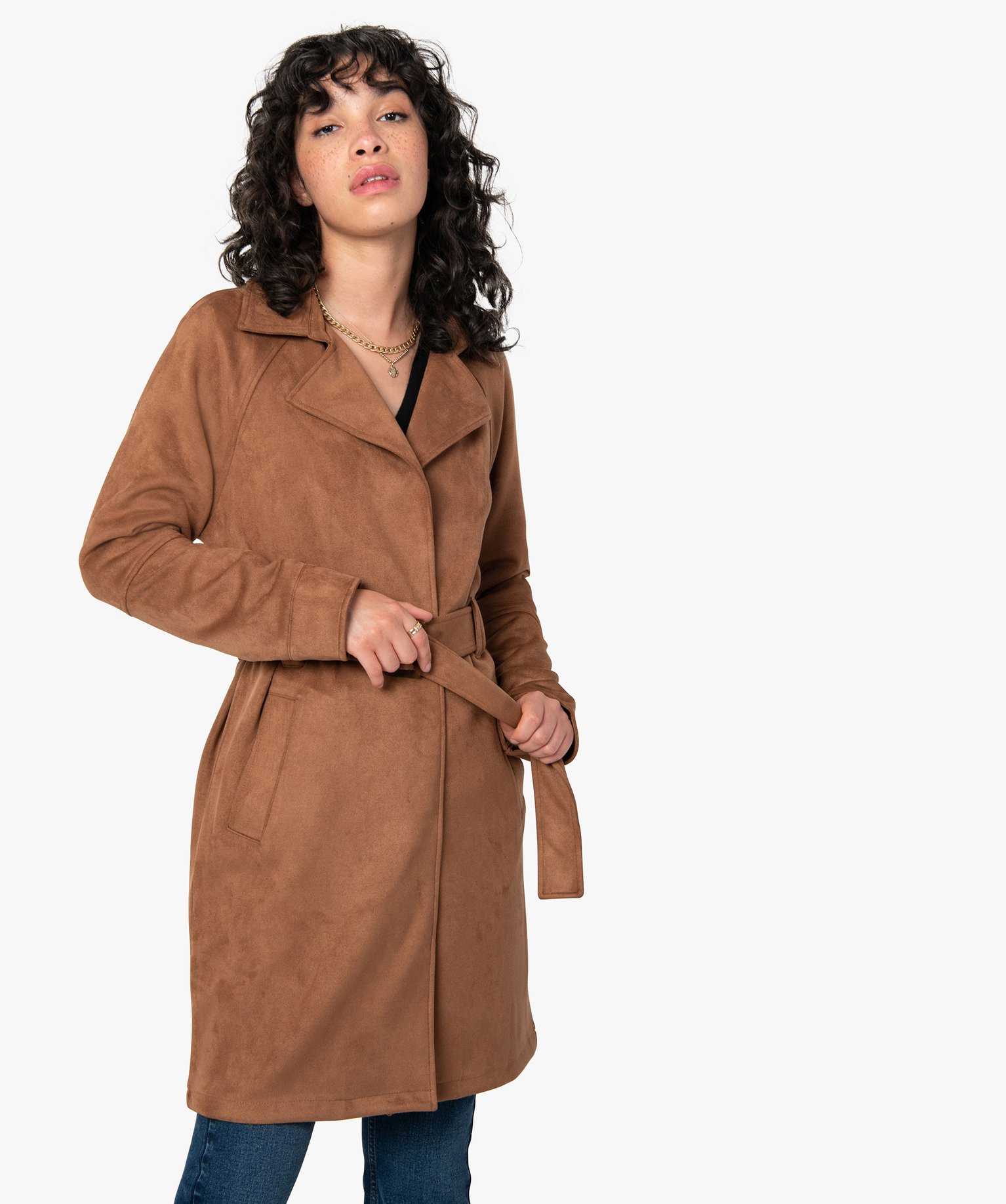 Manteau Trench En Su Dine Avec Ceinture Femme Camel Gemo