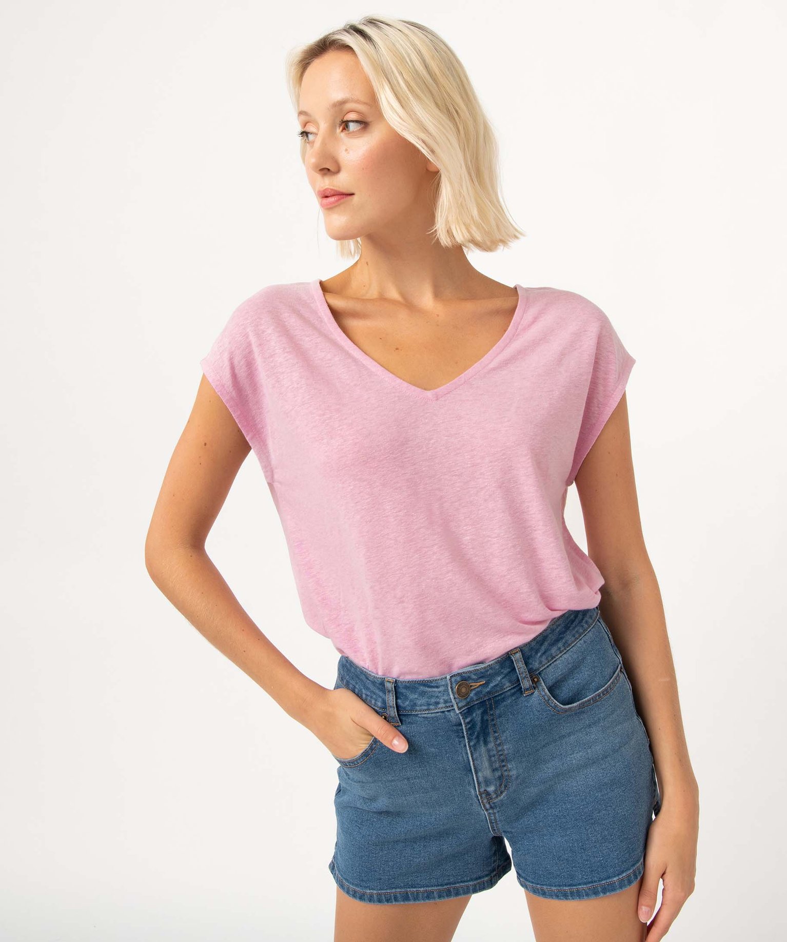 Tee shirt femme à col V et manches ultra courtes rose GEMO