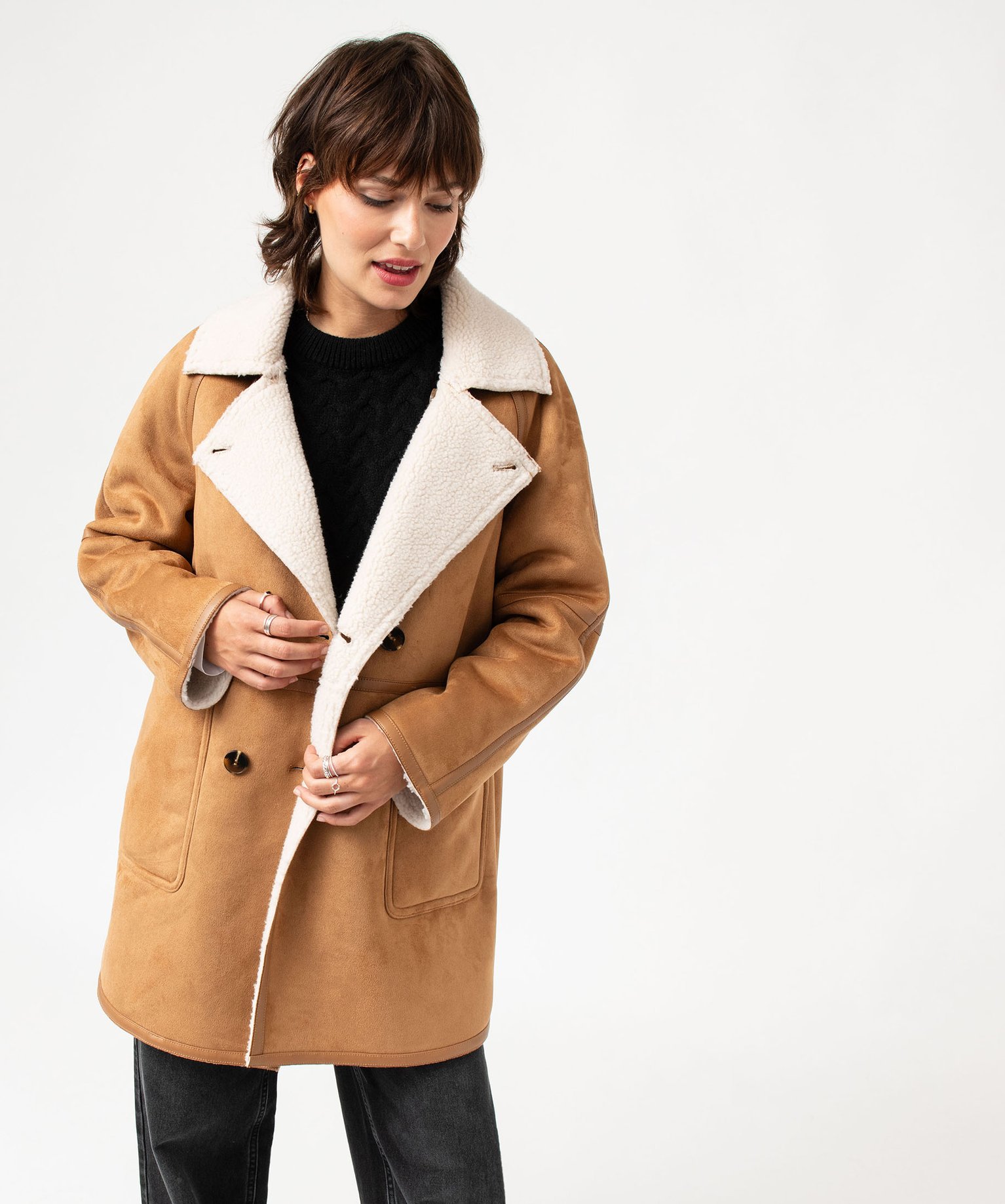 Manteau long en suédine doublée sherpa femme camel GEMO