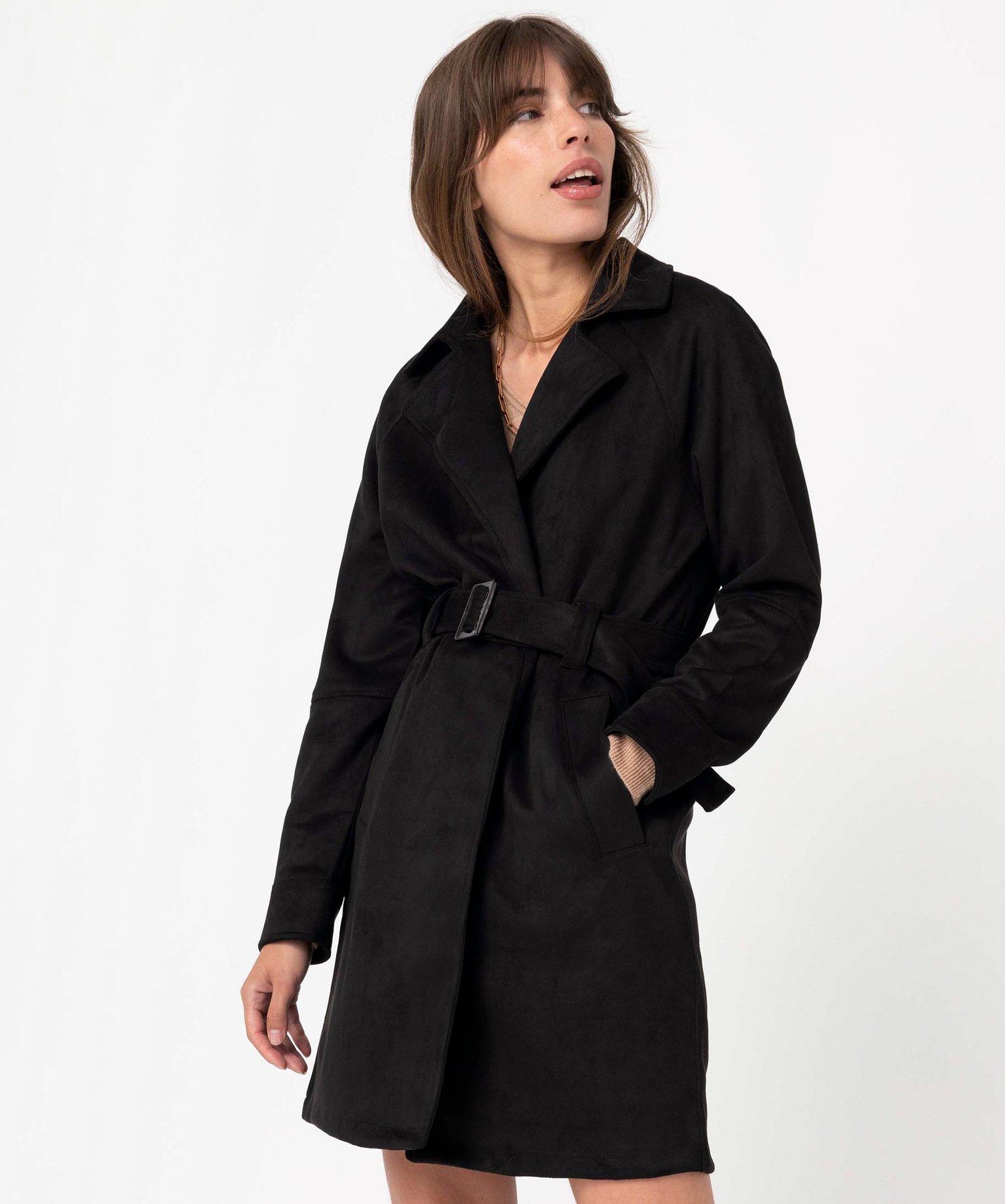 Manteau Trench En Su Dine Avec Ceinture Femme Noir Gemo