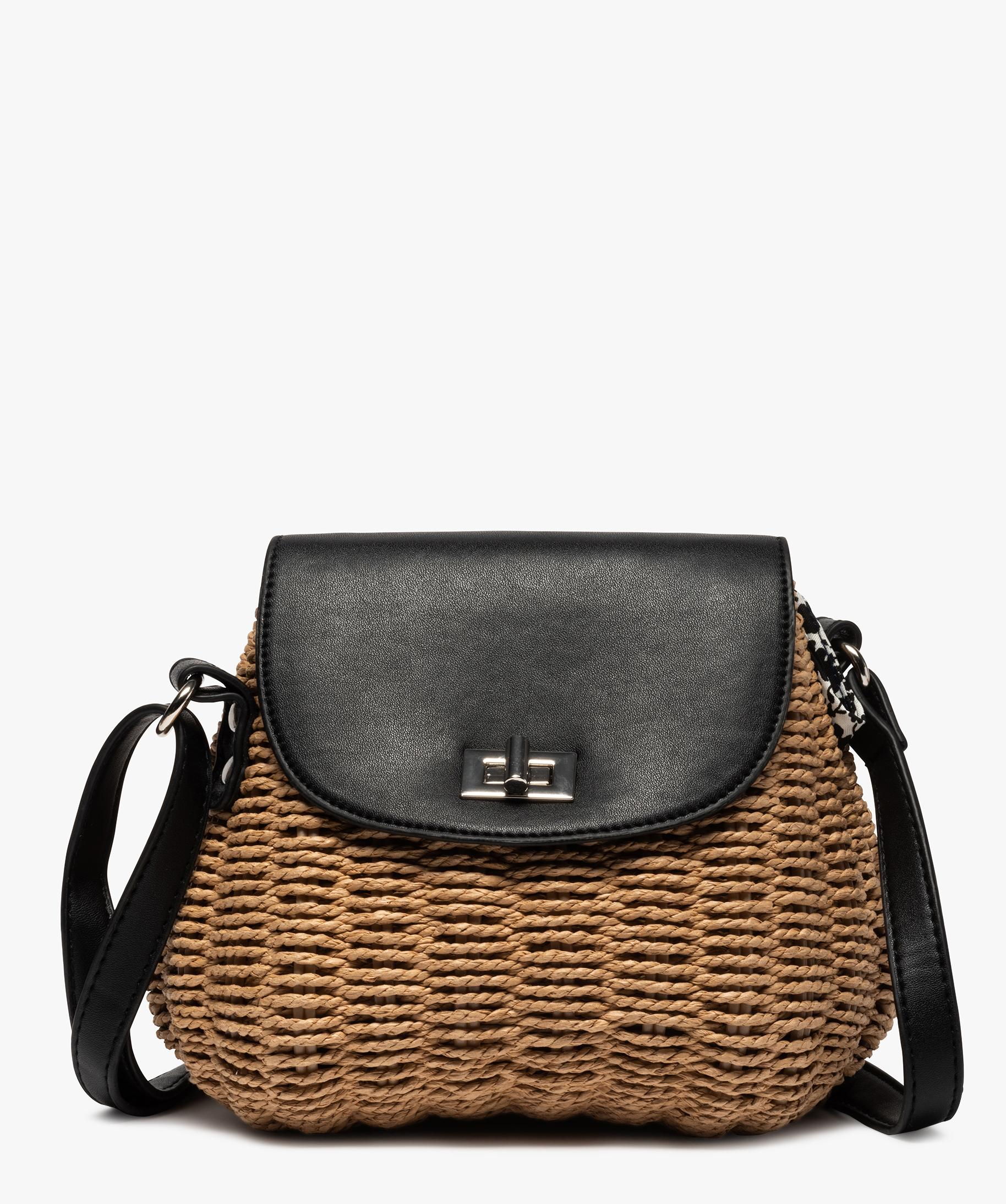 Sac femme en paille a bandouliere ajustable noir GEMO