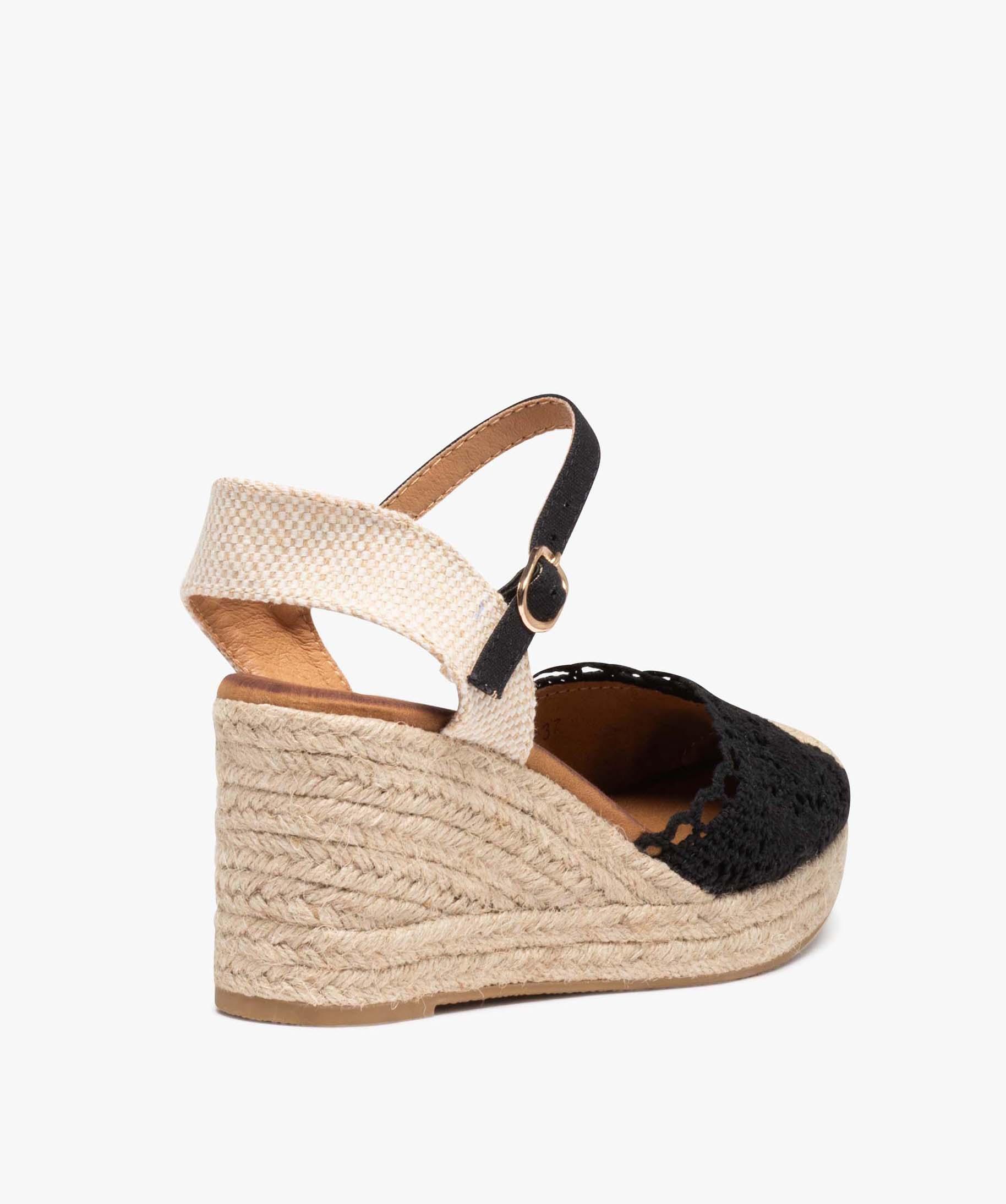 Sandales femme compens es en jute avec dessus brod noir GEMO