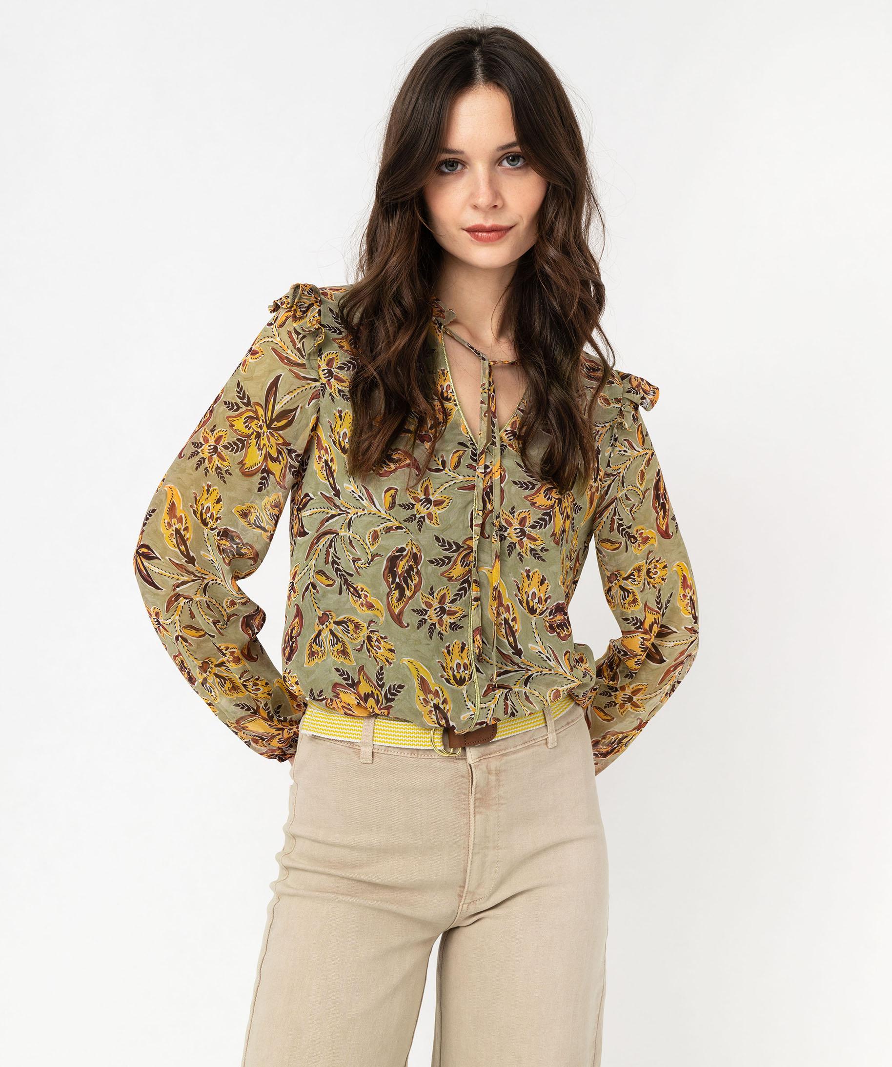 Blouse en voile imprimé floral à nouer - Lie de vin