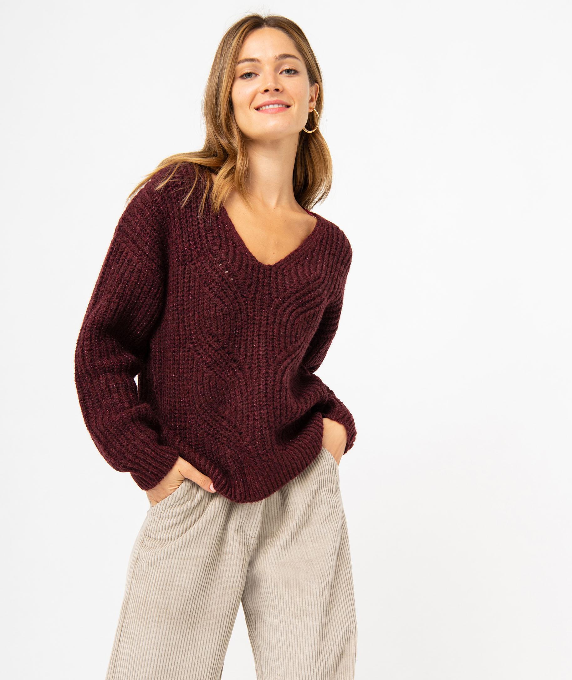 Pull a col V en maille ajouree a paillettes femme bordeaux GEMO