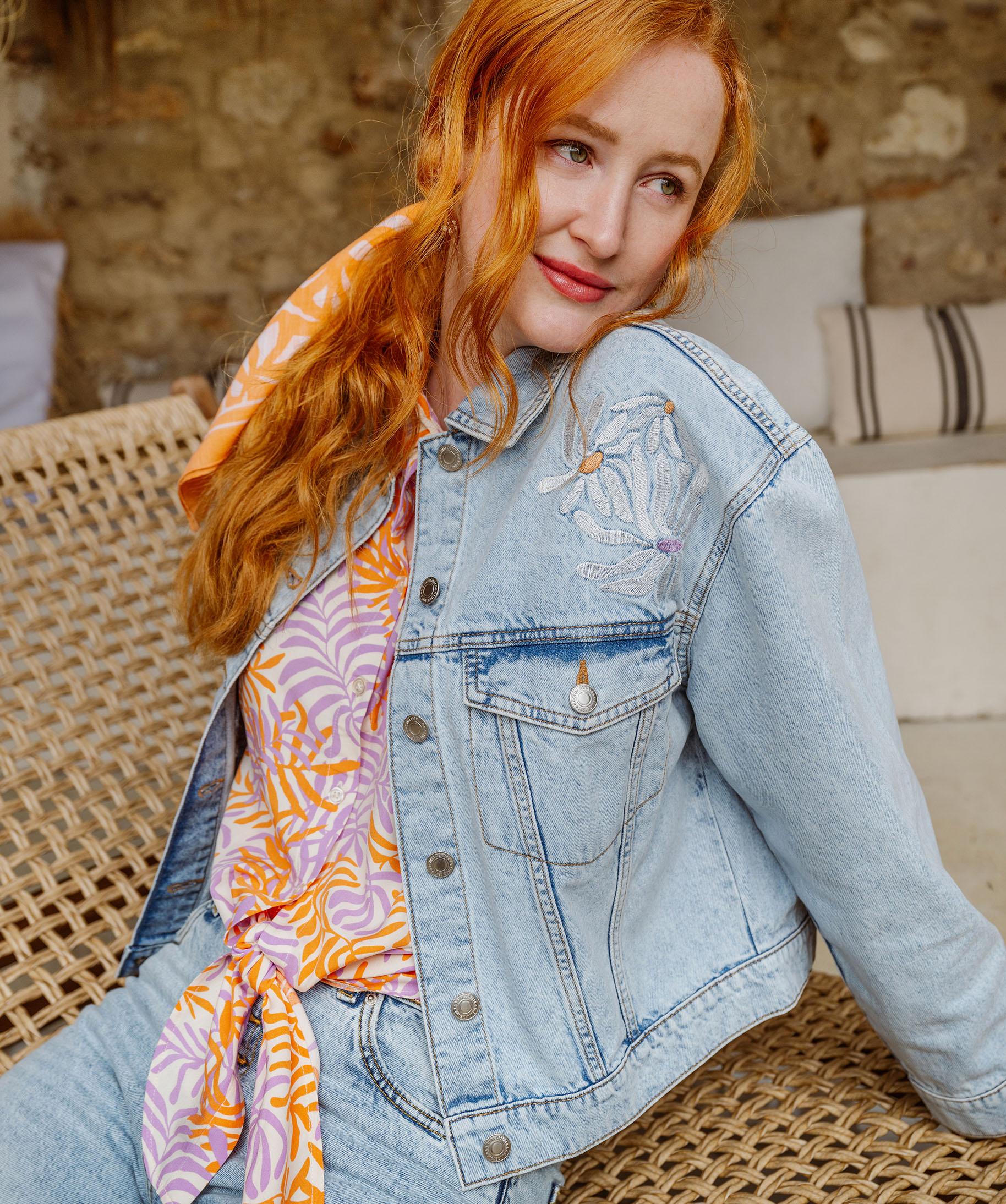 Veste avec broches【Déméter】feminine Veste en jean avec motifs fleuris brodés femme blanc chine