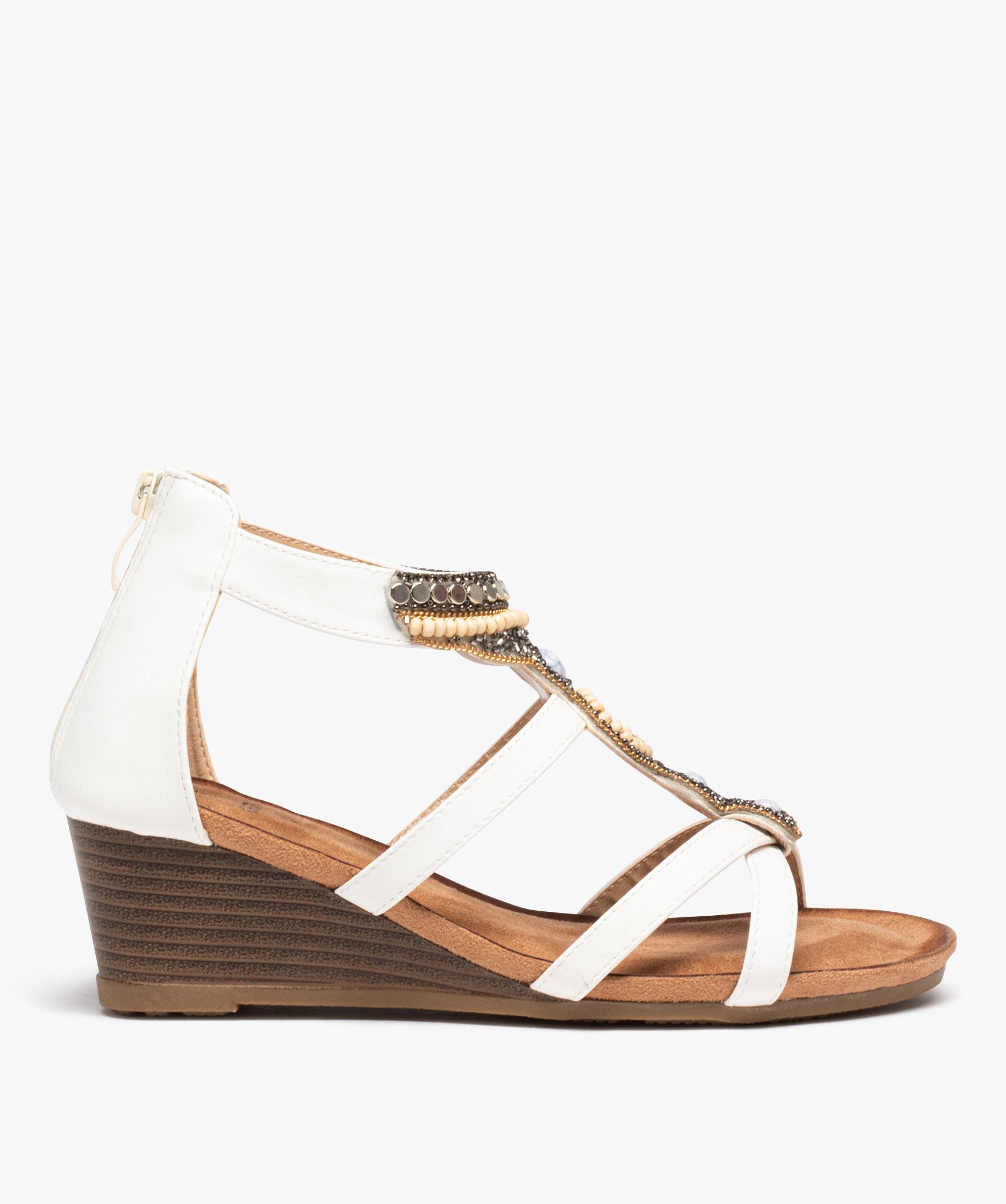 Sandales compensees femme avec bride en T a perles blanc GEMO