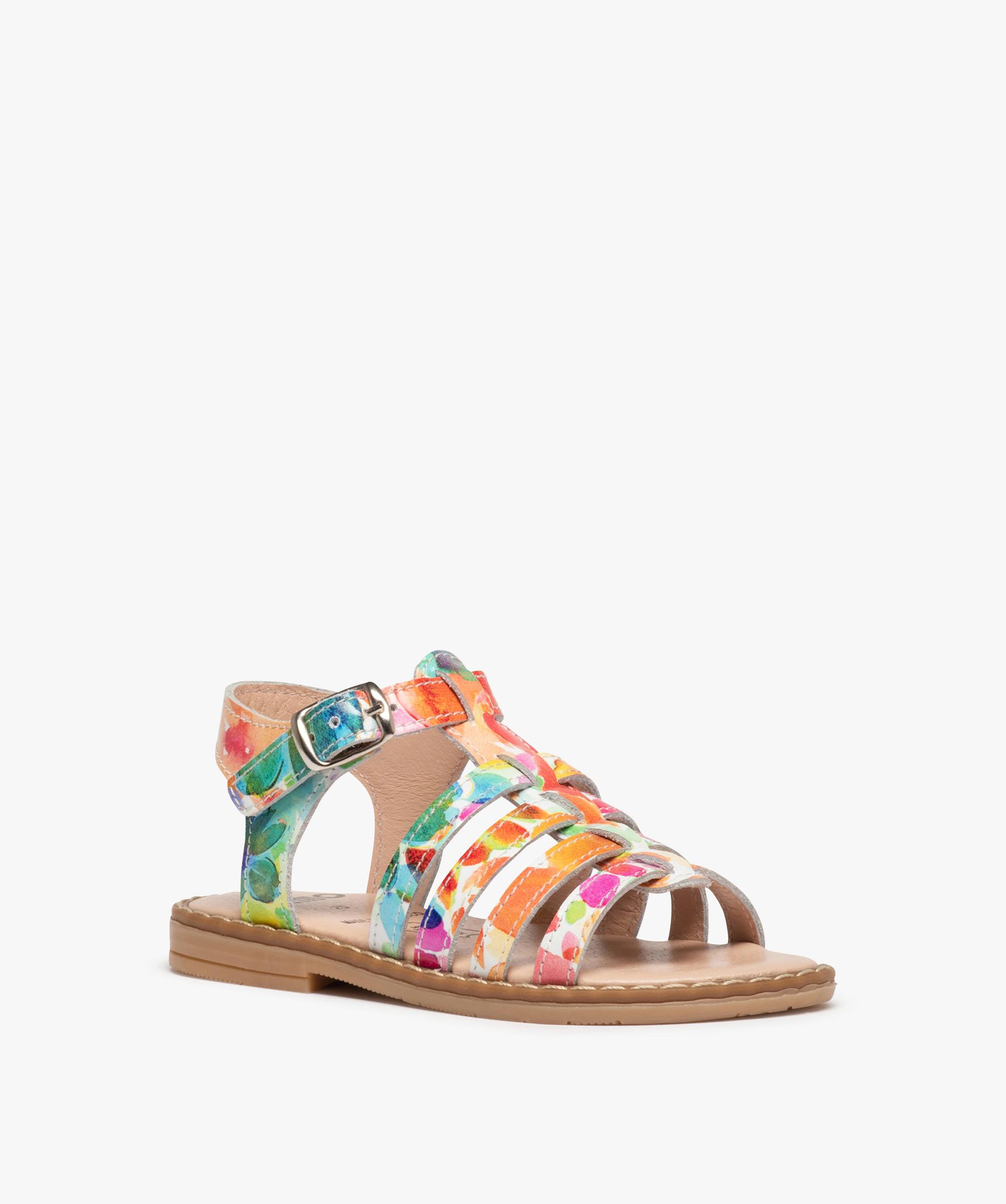 Sandales fille en cuir dessus fleurs multicolores multicolore GEMO