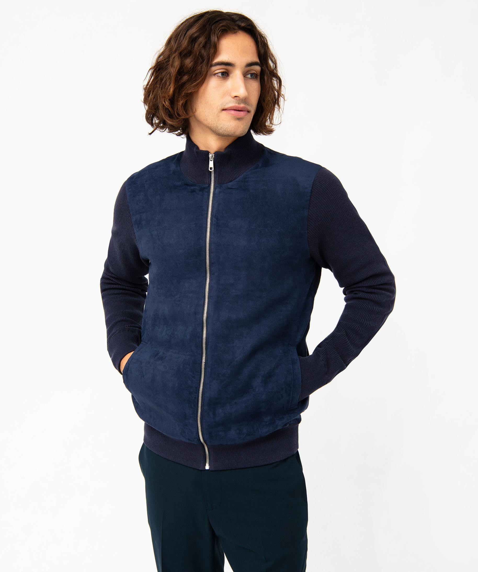 Gilet zippe en maille et suedine homme bleu fonce GEMO