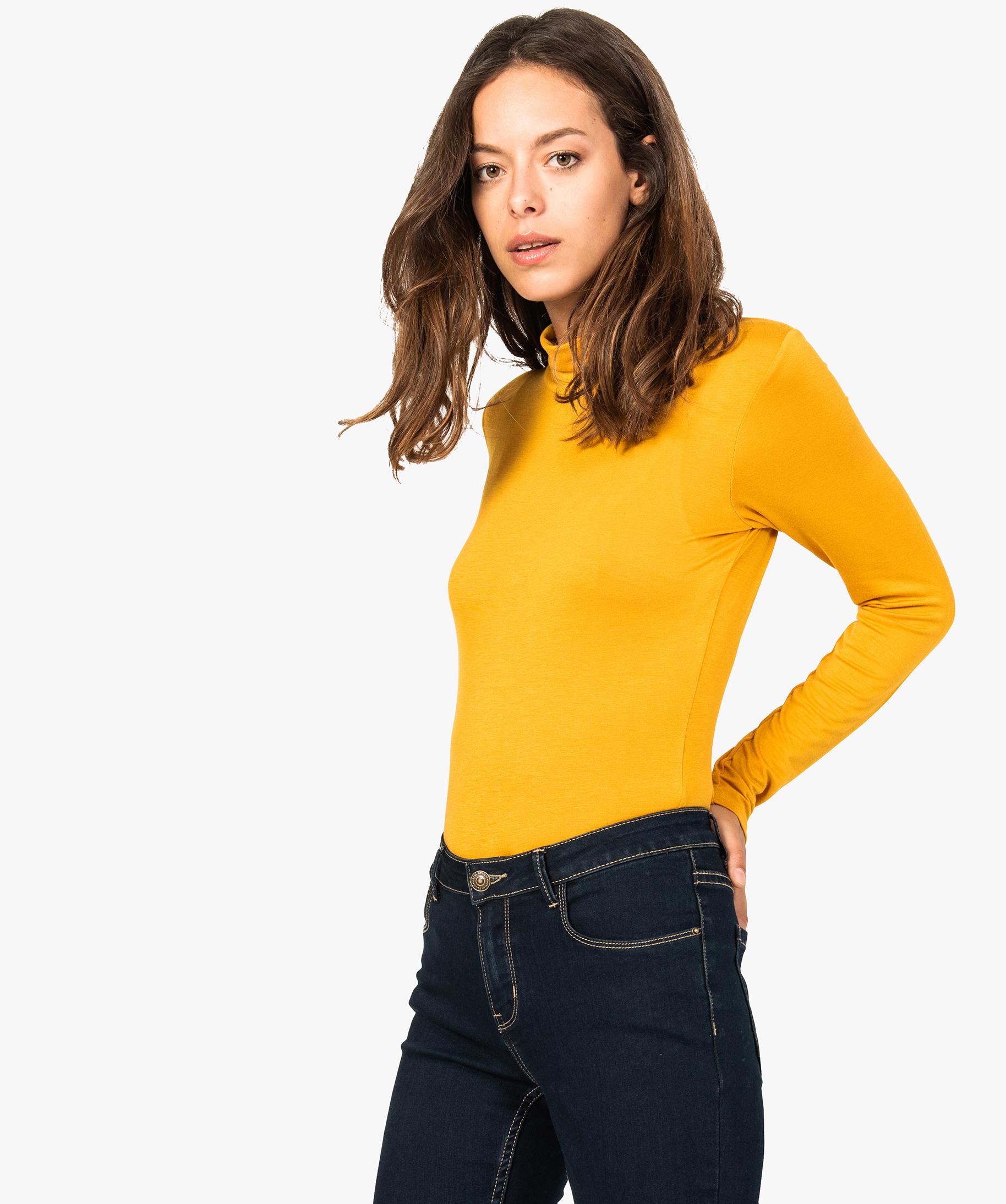 Tee-shirt femme uni avec col roulé et manches longues jaune | GEMO