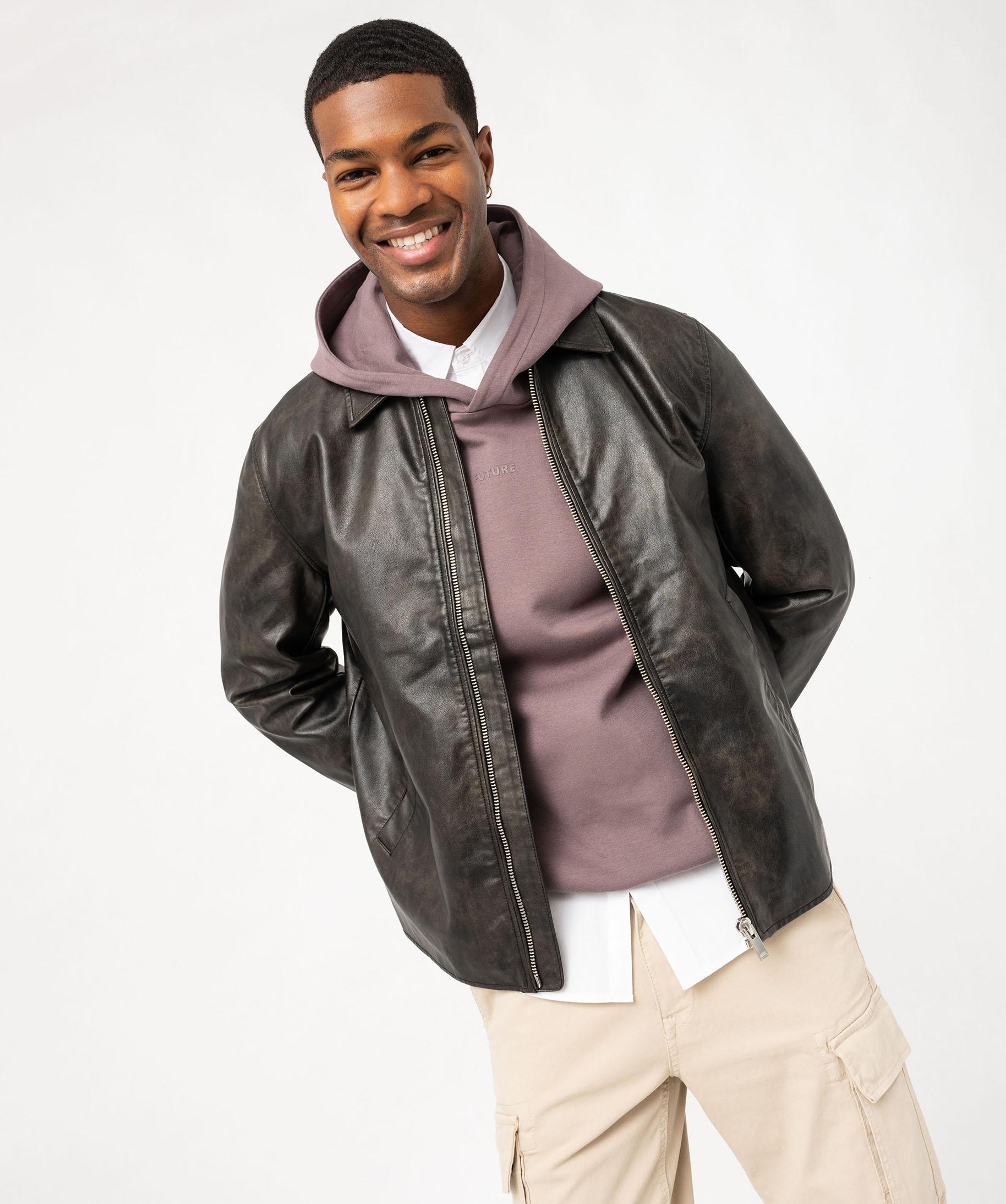 Blouson zipp?� en cuir imitation ?� col chemise homme marron clair | GEMO