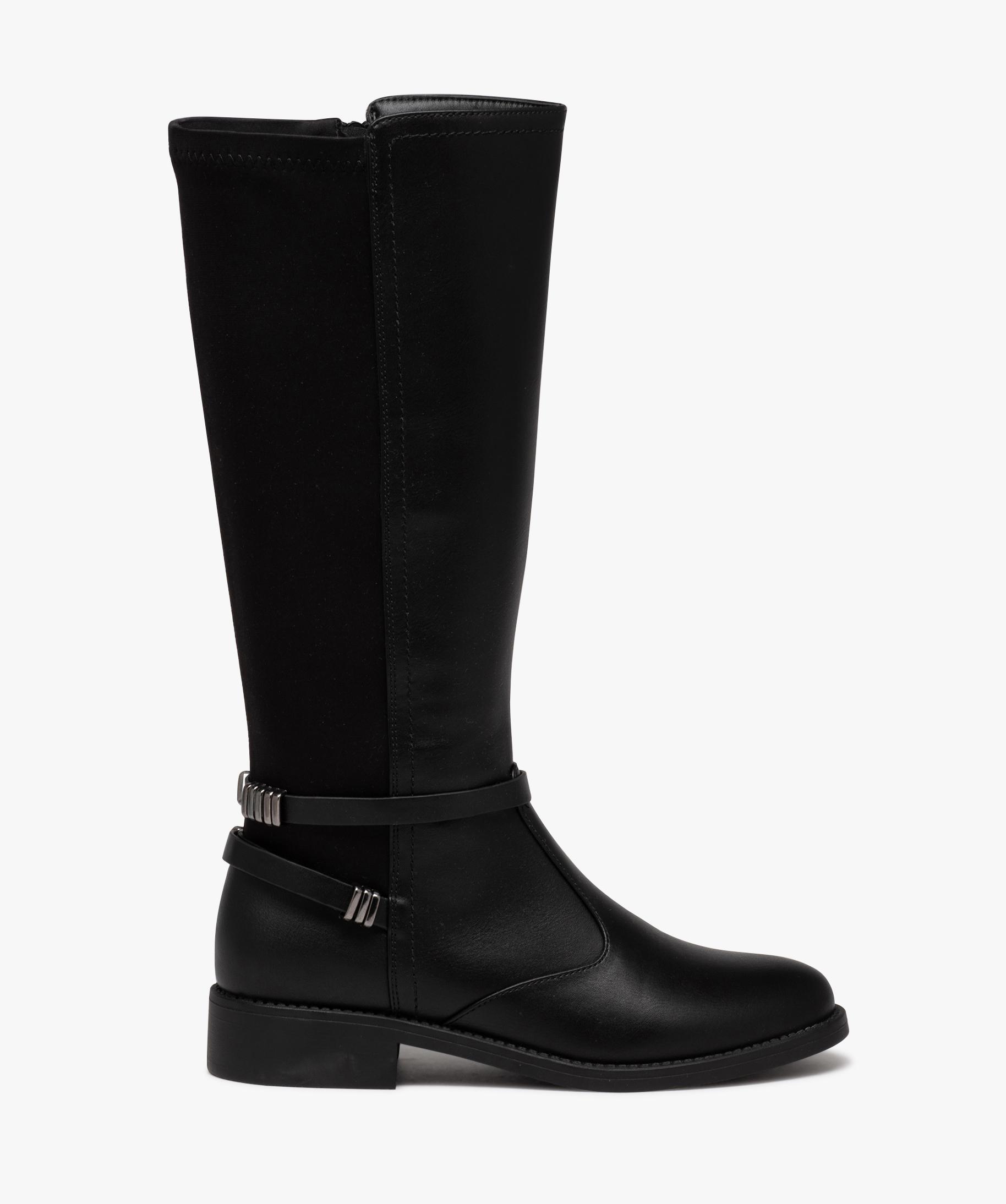 Bottes femme unies bi matieres avec brides fantaisie noir GEMO