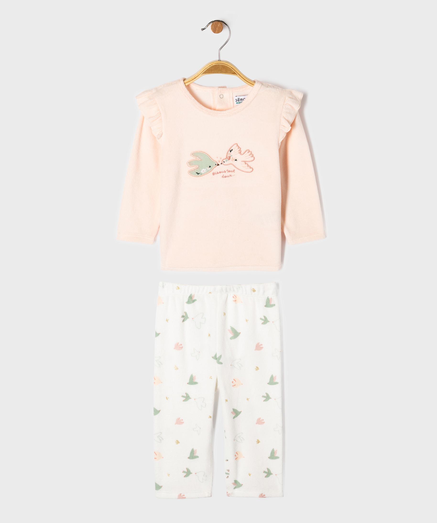 Pyjama 2 pièces en velours motifs oiseaux bébé fille