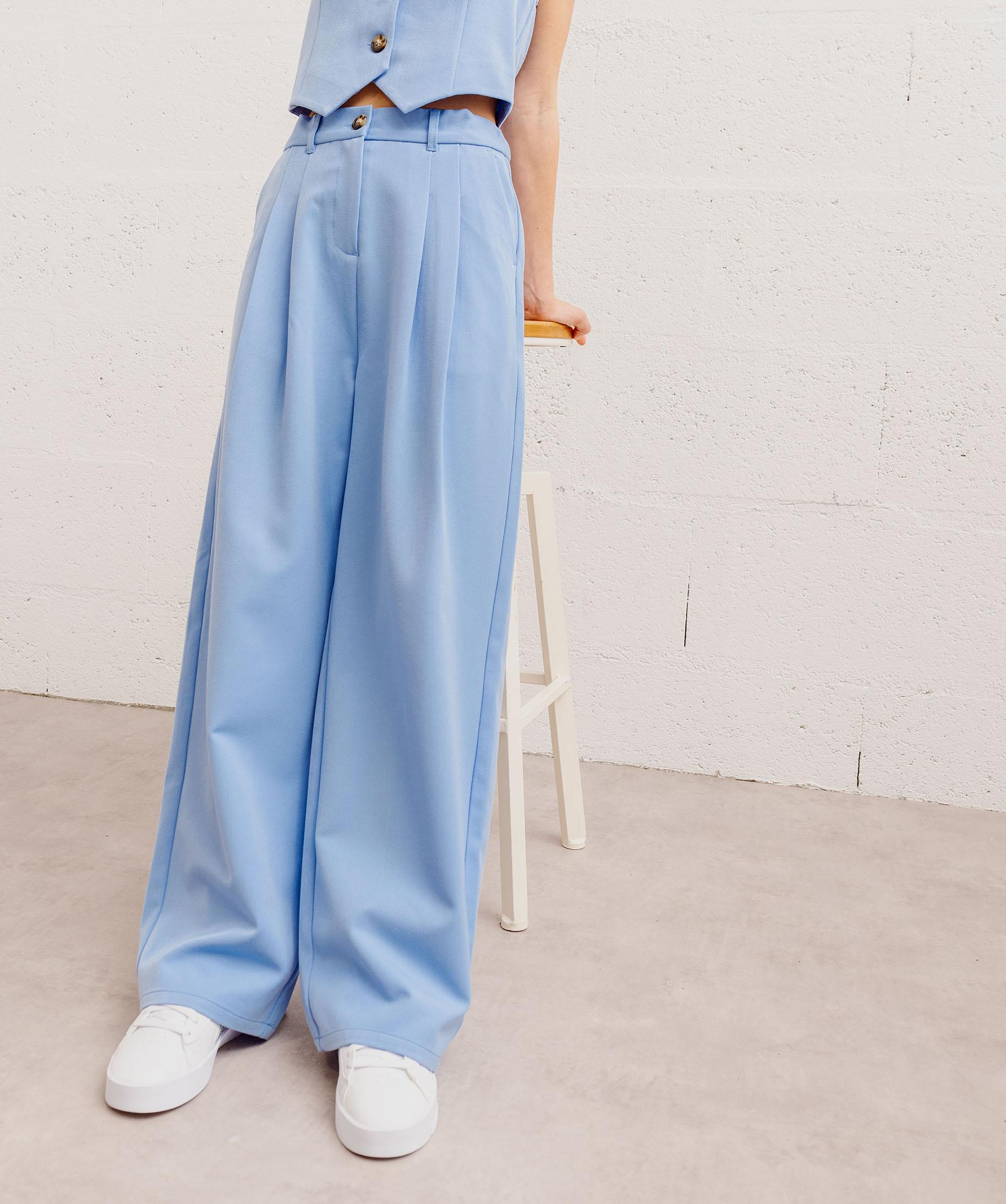 Pantalon large et souple a taille haute fille bleu GEMO