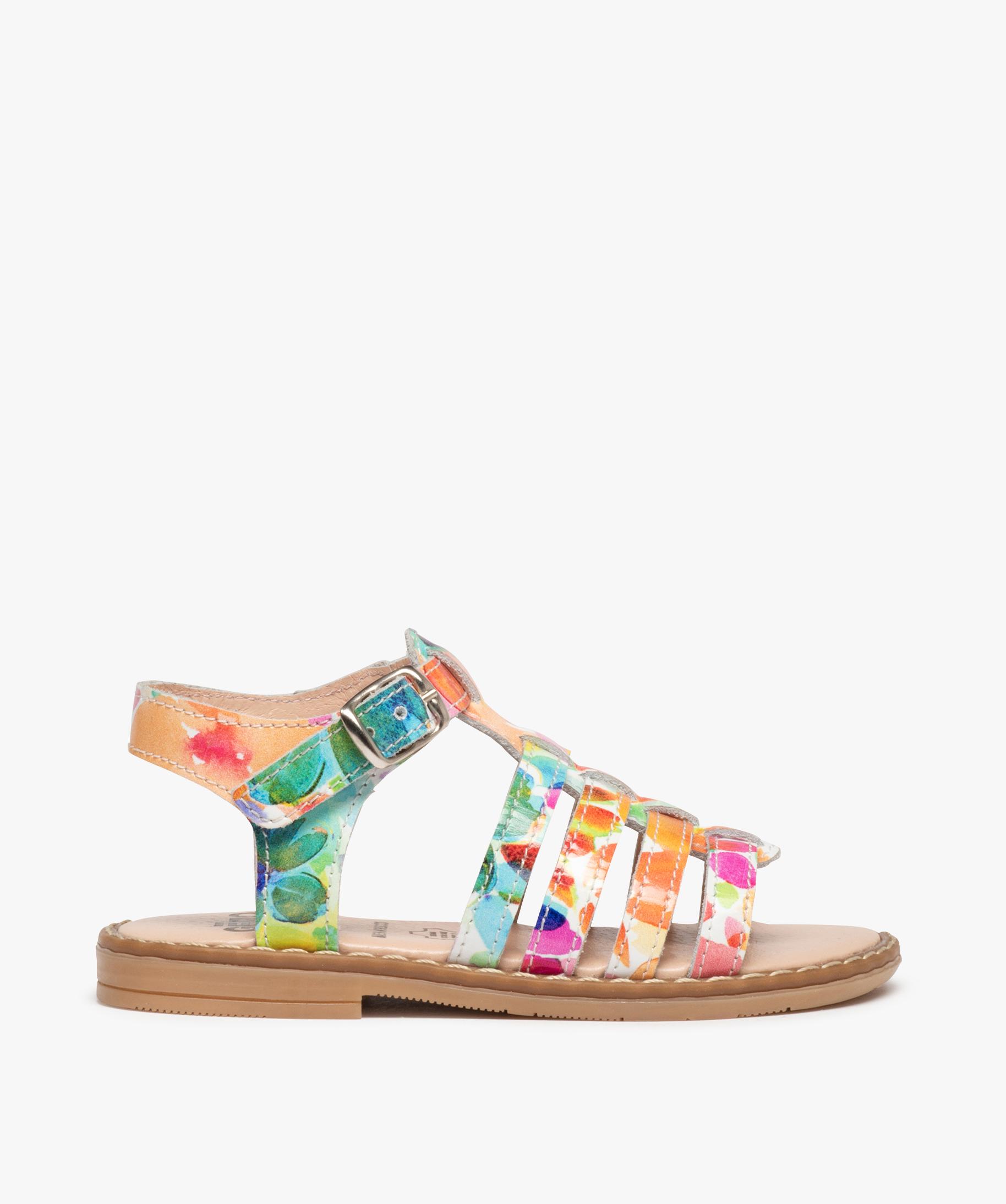 Sandales fille en cuir dessus fleurs multicolores multicolore GEMO