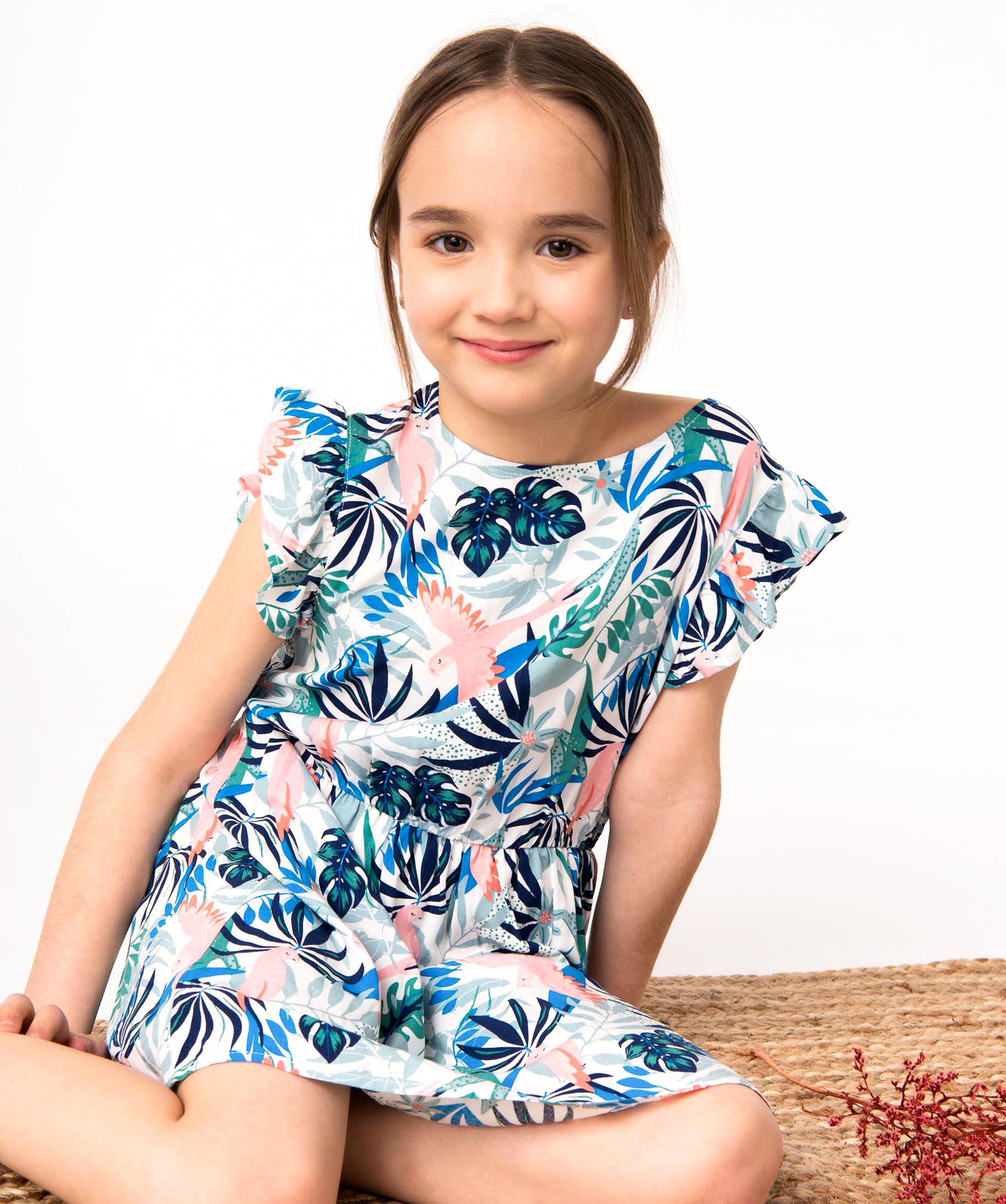 Robe fille a motifs et volants aux epaules ecru GEMO