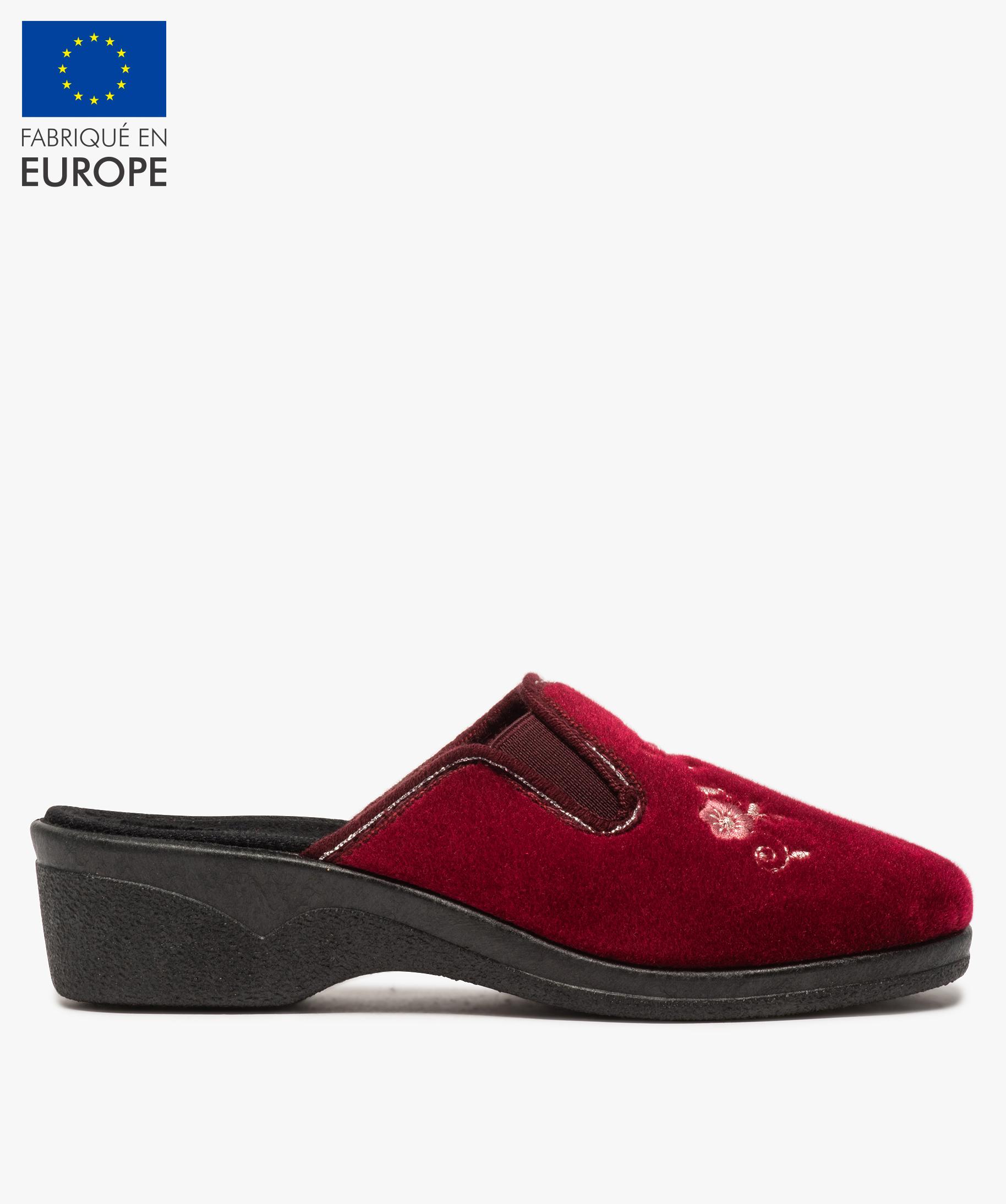 Chaussons femme mules a talon compense dessus brode