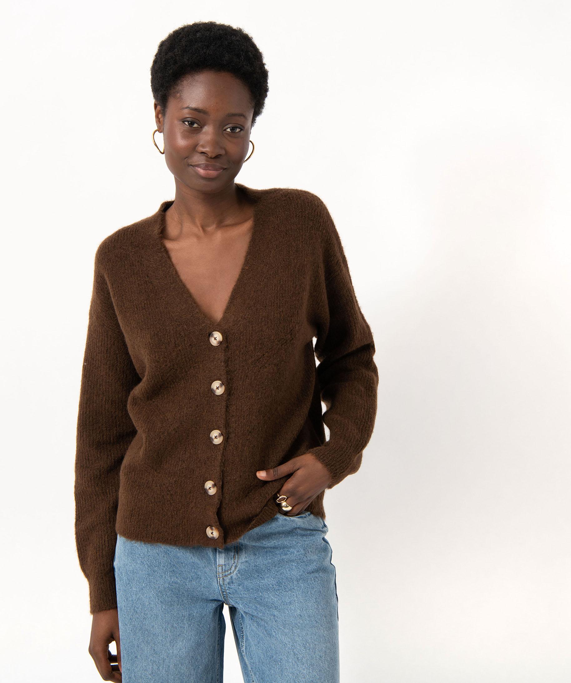 Gilet col V en maille douillette avec gros boutons femme marron
