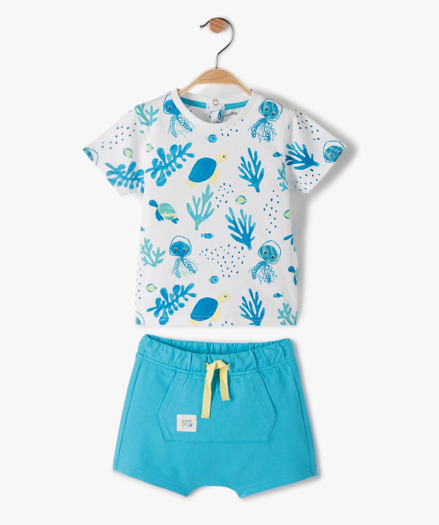 Ensemble 3 Pièces Bébé Garçon Brodé - T-shirt, Short Toile Et Chapeau - Tailles 6 à 23 Mois