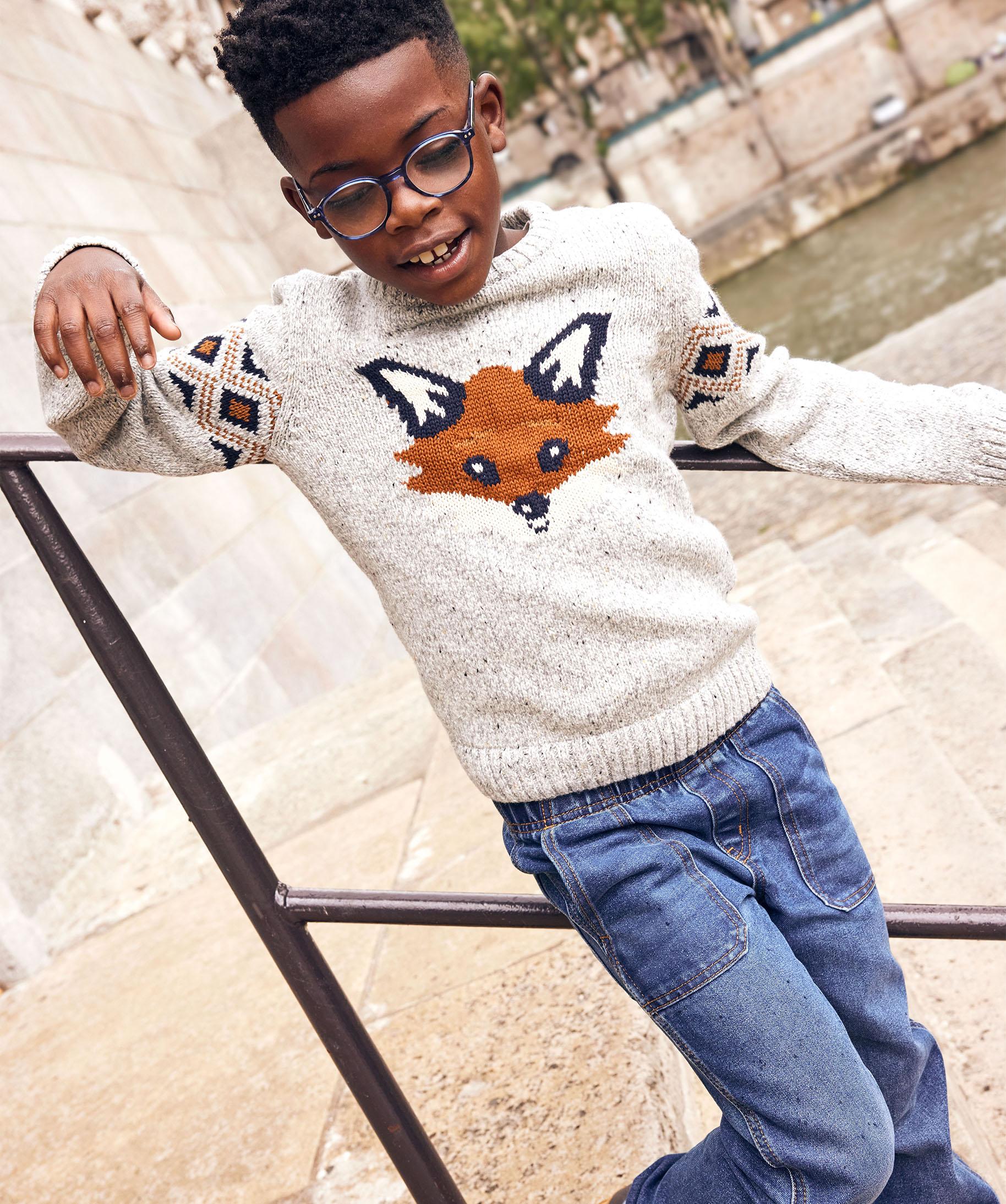 Pull en maille avec motif renard garcon gris GEMO
