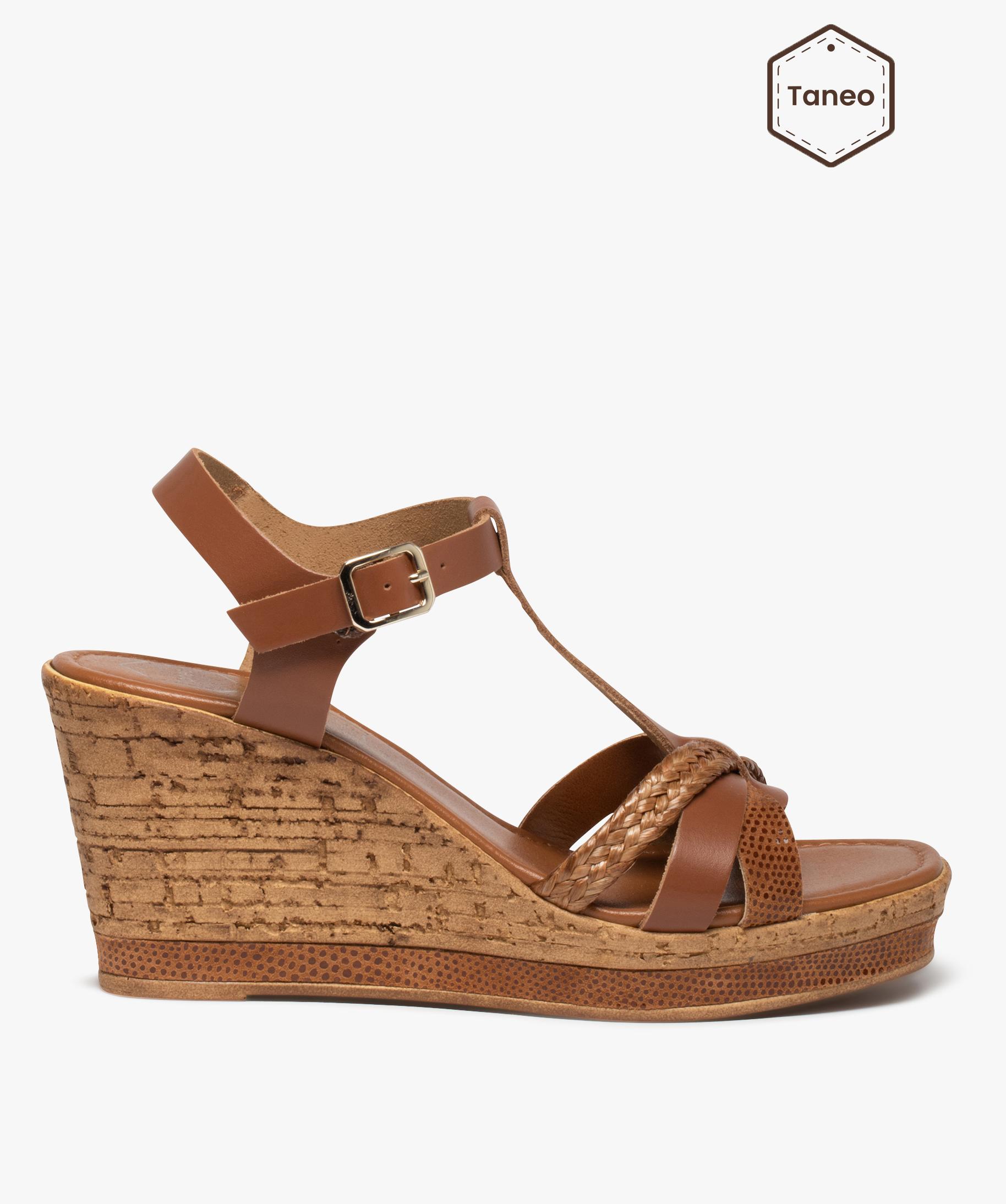 Sandales femme compensees dessus cuir Taneo marron GEMO