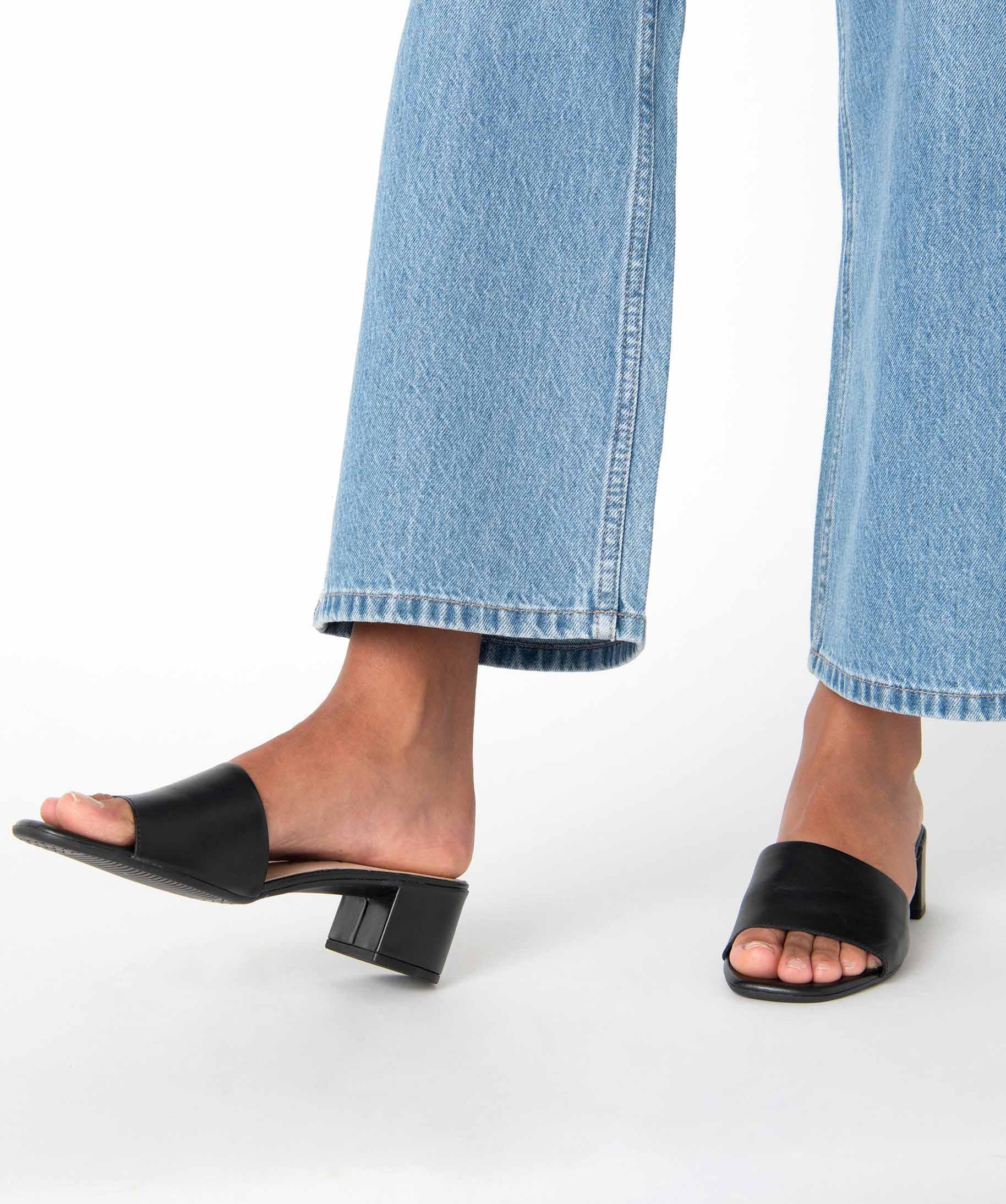 Mules femme a talon carre dessus cuir uni noir GEMO