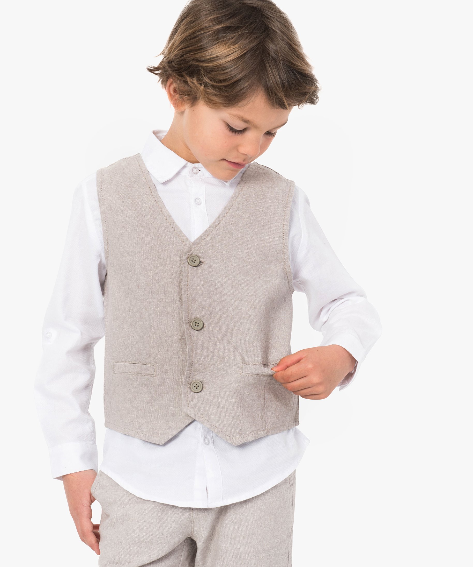 Gilet de costume garçon en coton et lin ecru | GEMO