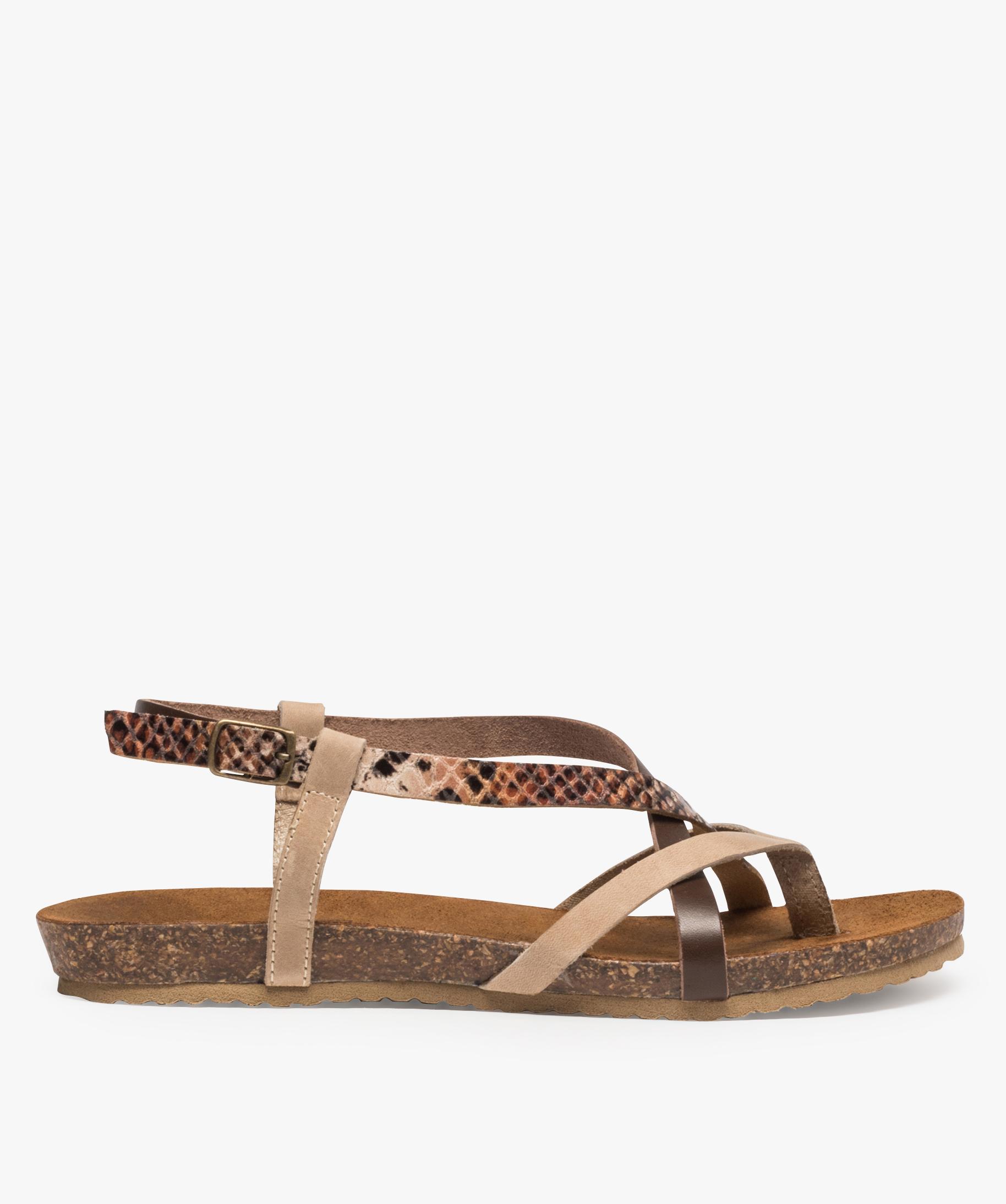 Sandales femme en cuir a fines brides et semelle liege beige GEMO