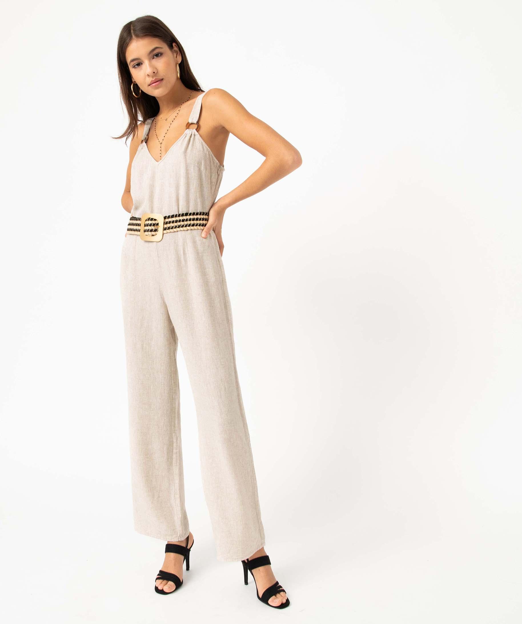 Salopette Femme Ete Fluide Salopettes En Lin Casual Boho Sans Manches Combinaisons Salopette D'Été Lâche Imprimé Large Jambe Floral Barboteuses Longue Combishorts Avec Poche Vacances Plage Pas Cher