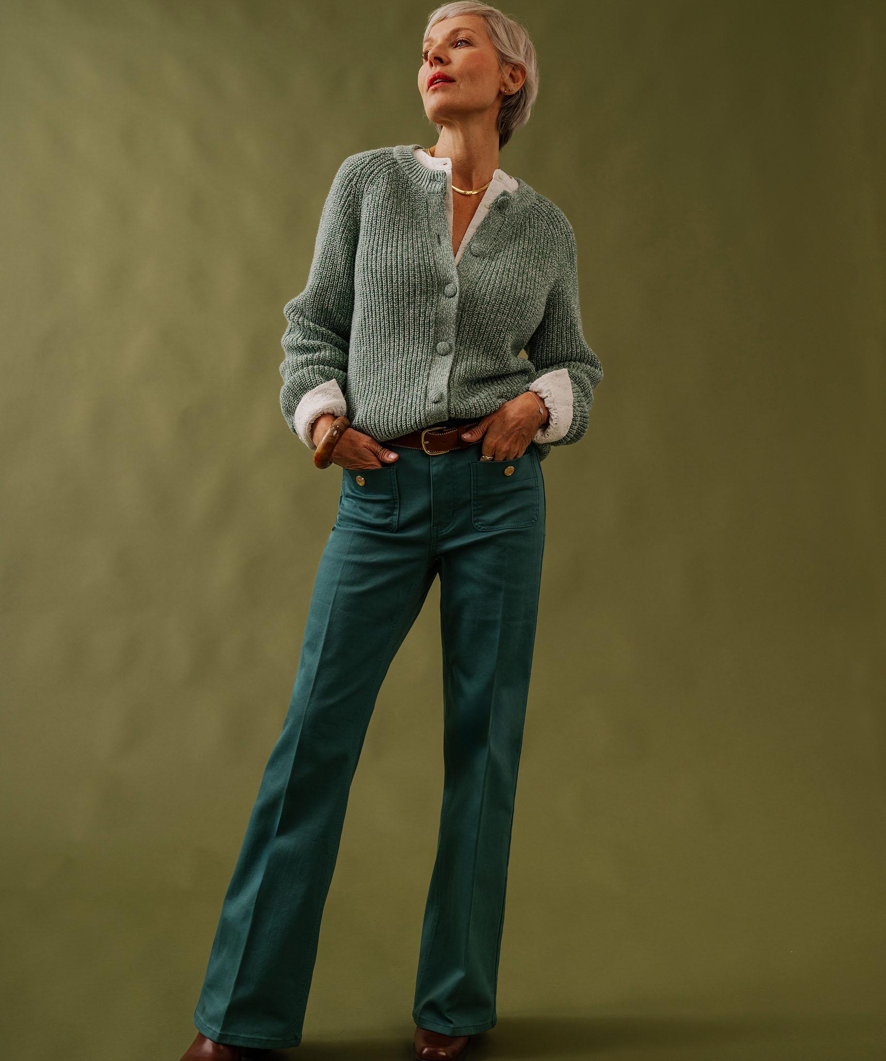 Pantalon flare taille haute en coton extensible femme