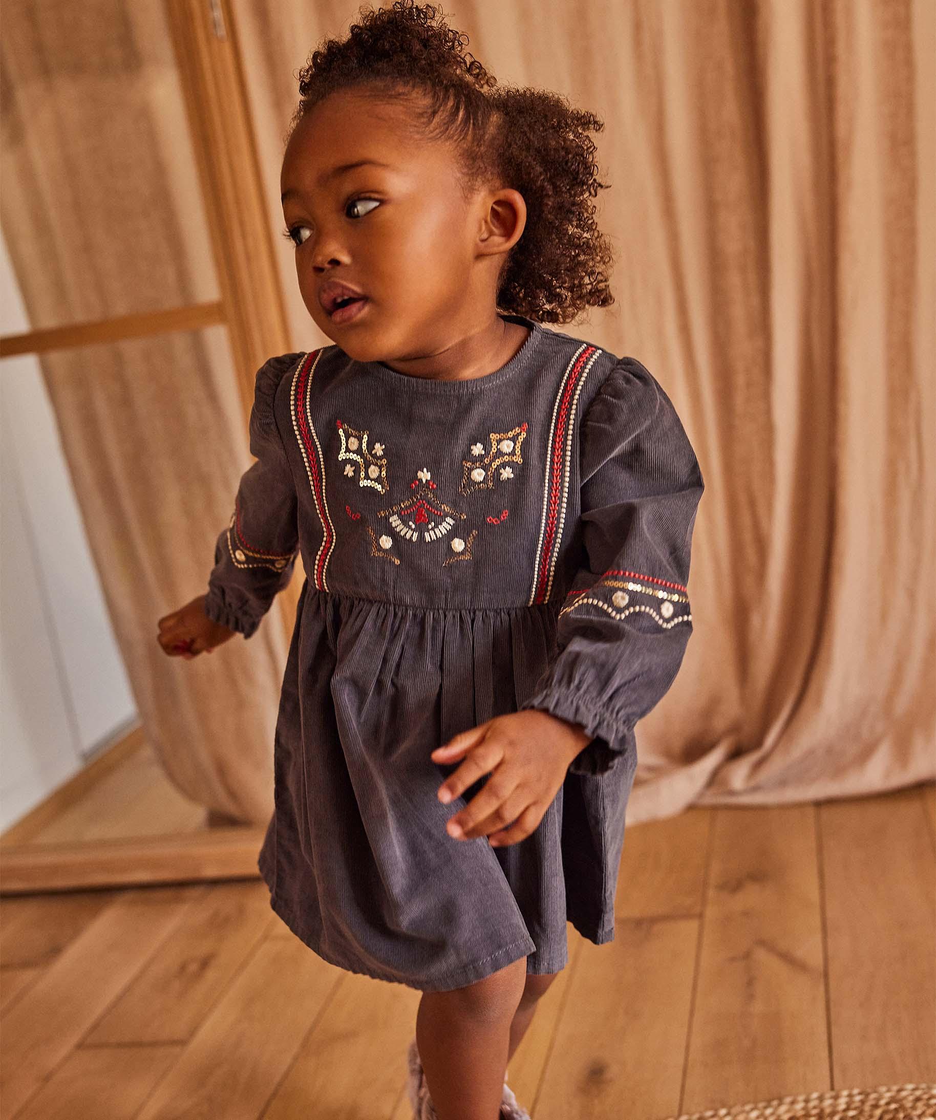 Robe b b fille en velours avec broderies et sequins Lul gris