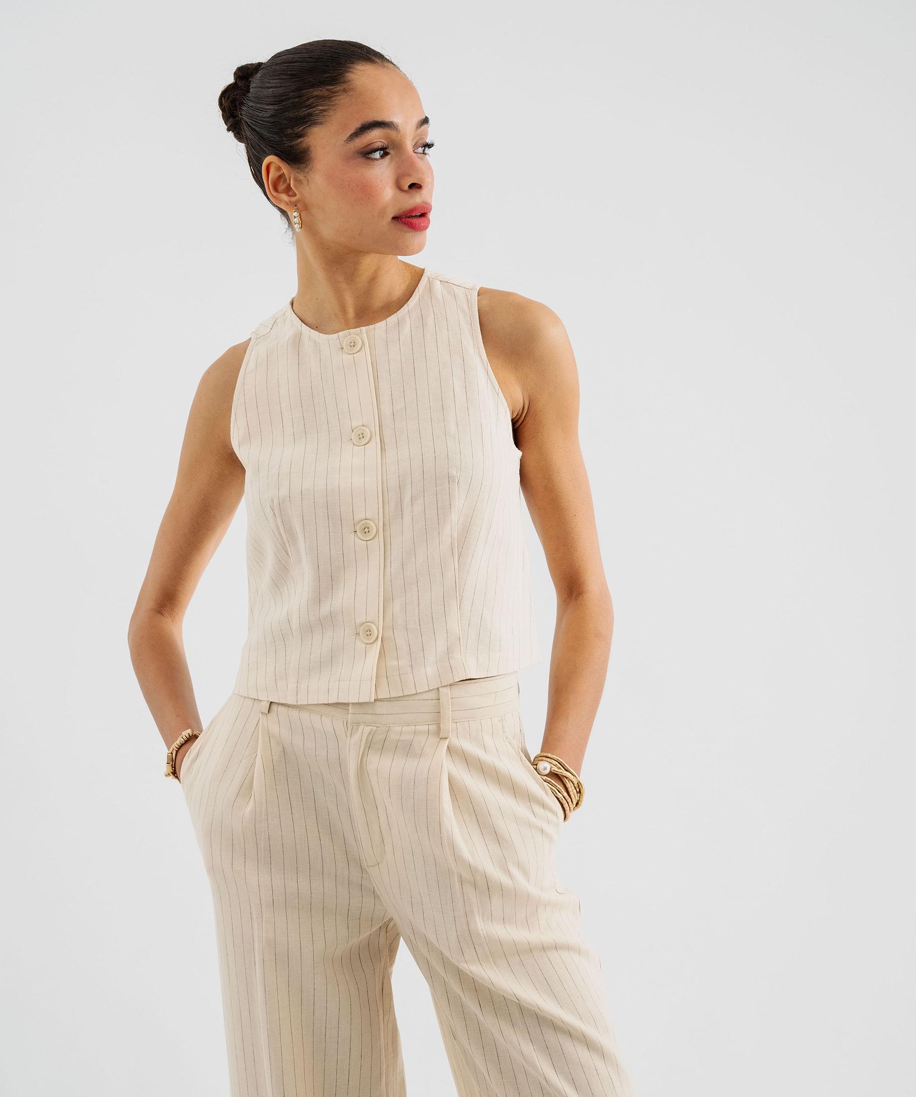 Chemise sans manches à col rond en viscose et lin rayé femme