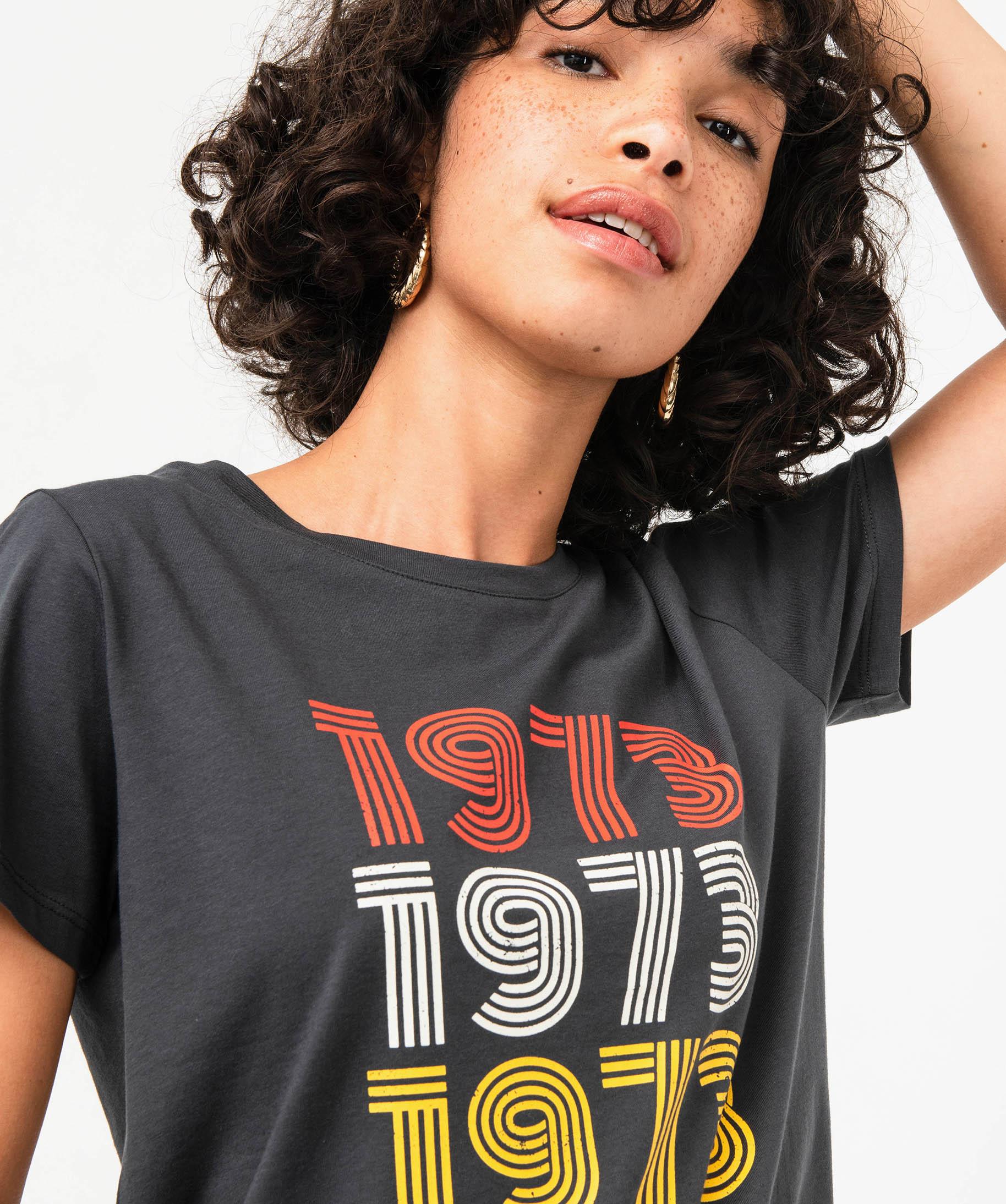 Tee shirt manches courtes avec inscription vintage femme gris GEMO