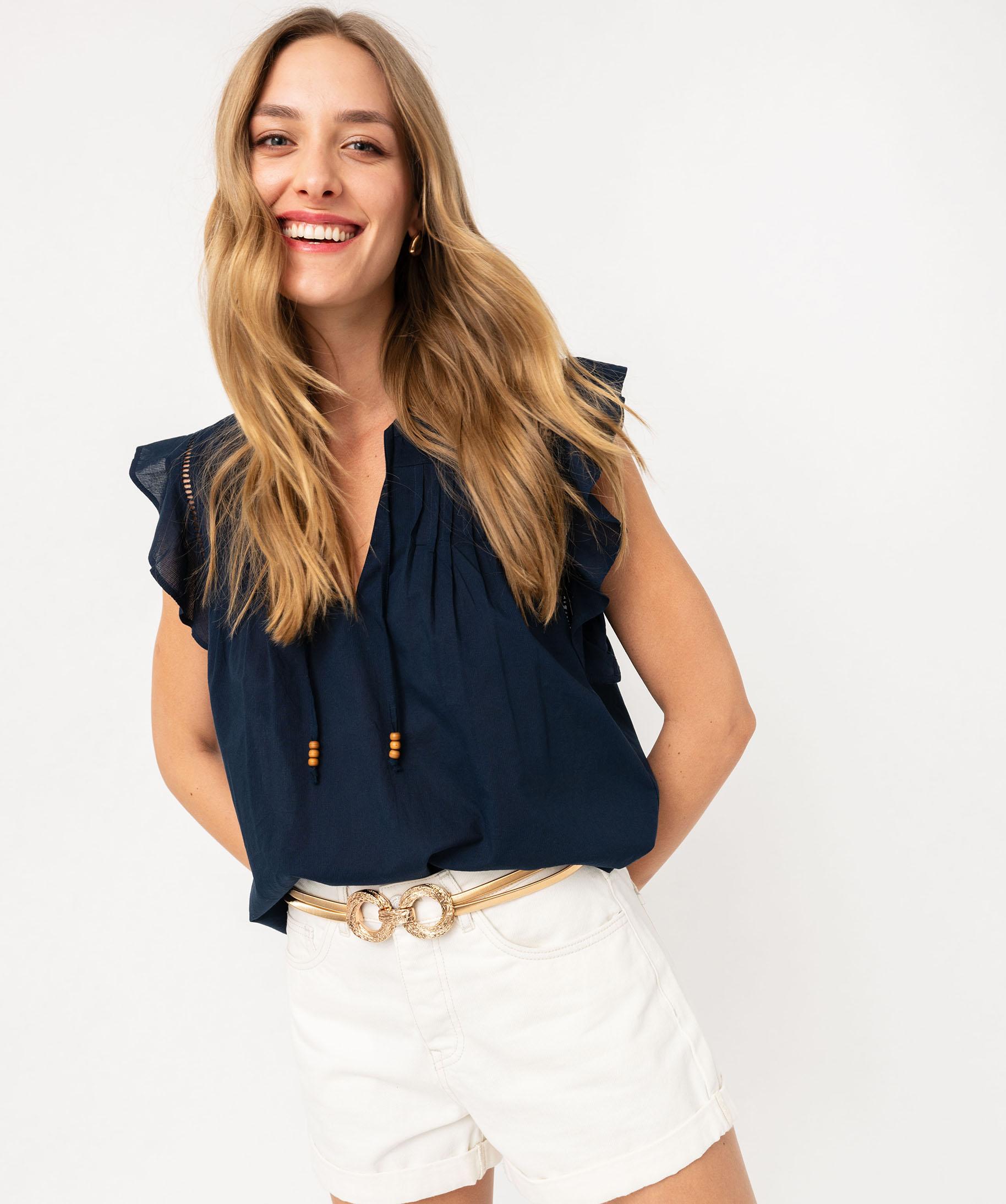Chicrise T-shirt d'été surdimensionné à rayures pour femme - Col rond - Décontracté - Manches courtes, Bleu/blanc, S