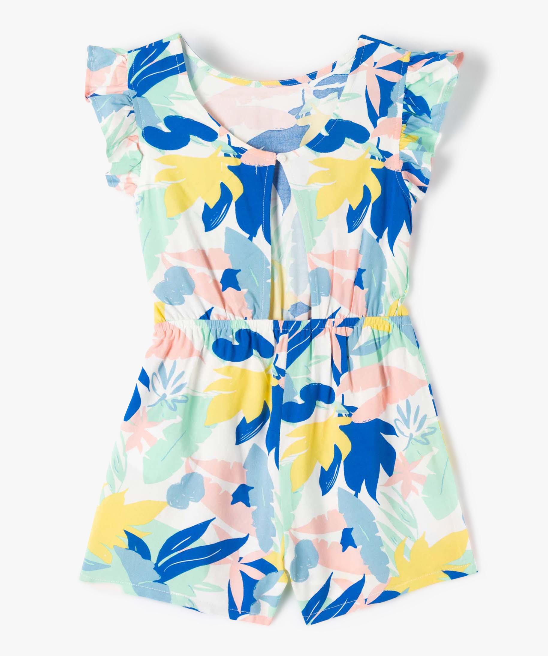 Combishort fille motif feuillage et volants sur les paules