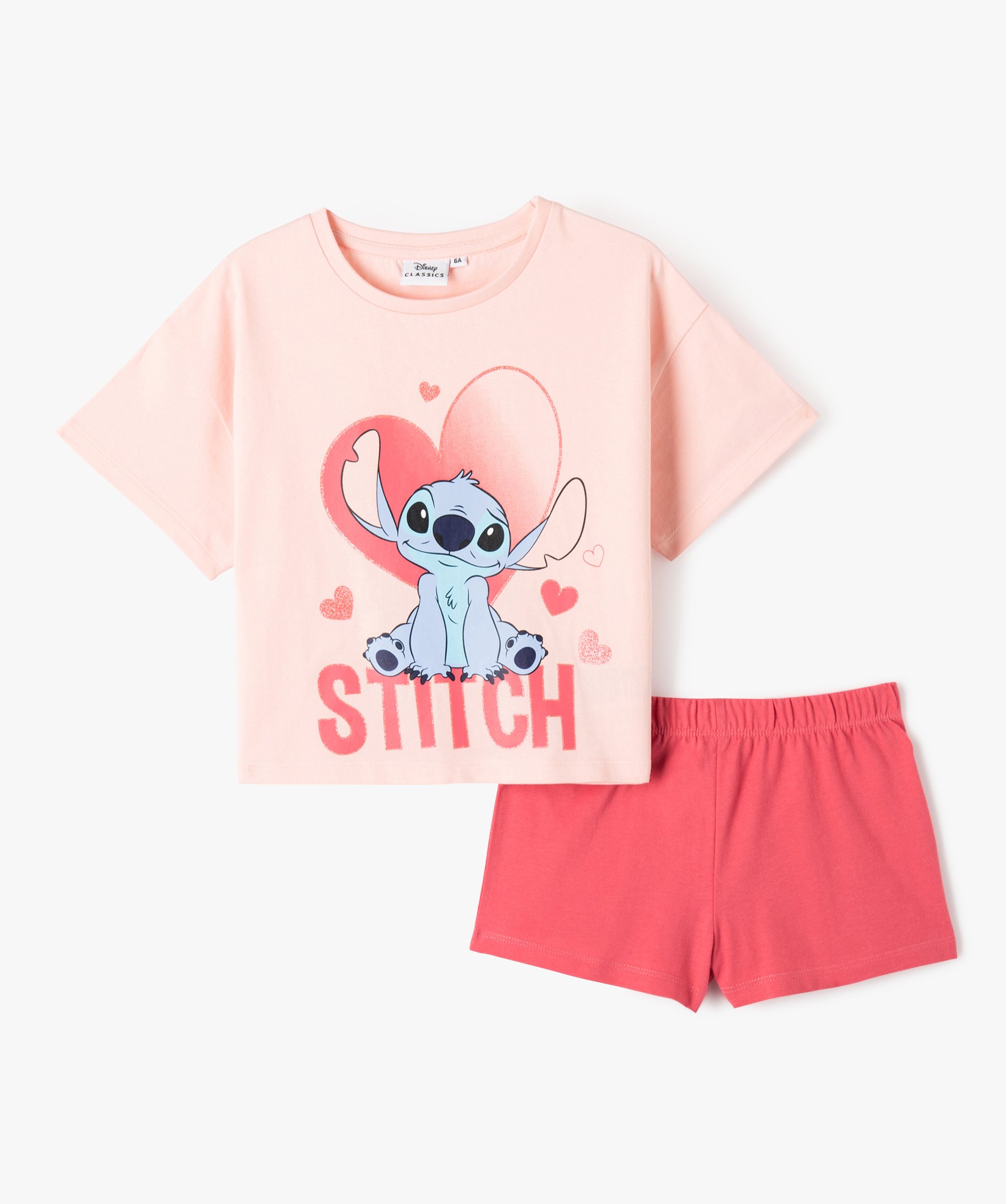 Pyjashort fille avec large motif pailleté Lilo et Stitch -  rose