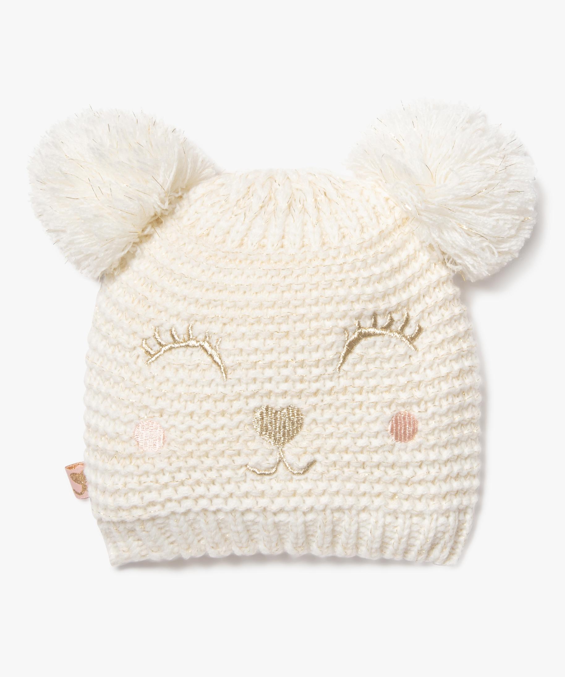 Bonnet avec broderie pailletee et oreilles pompons bebe f. blanc chine GEMO