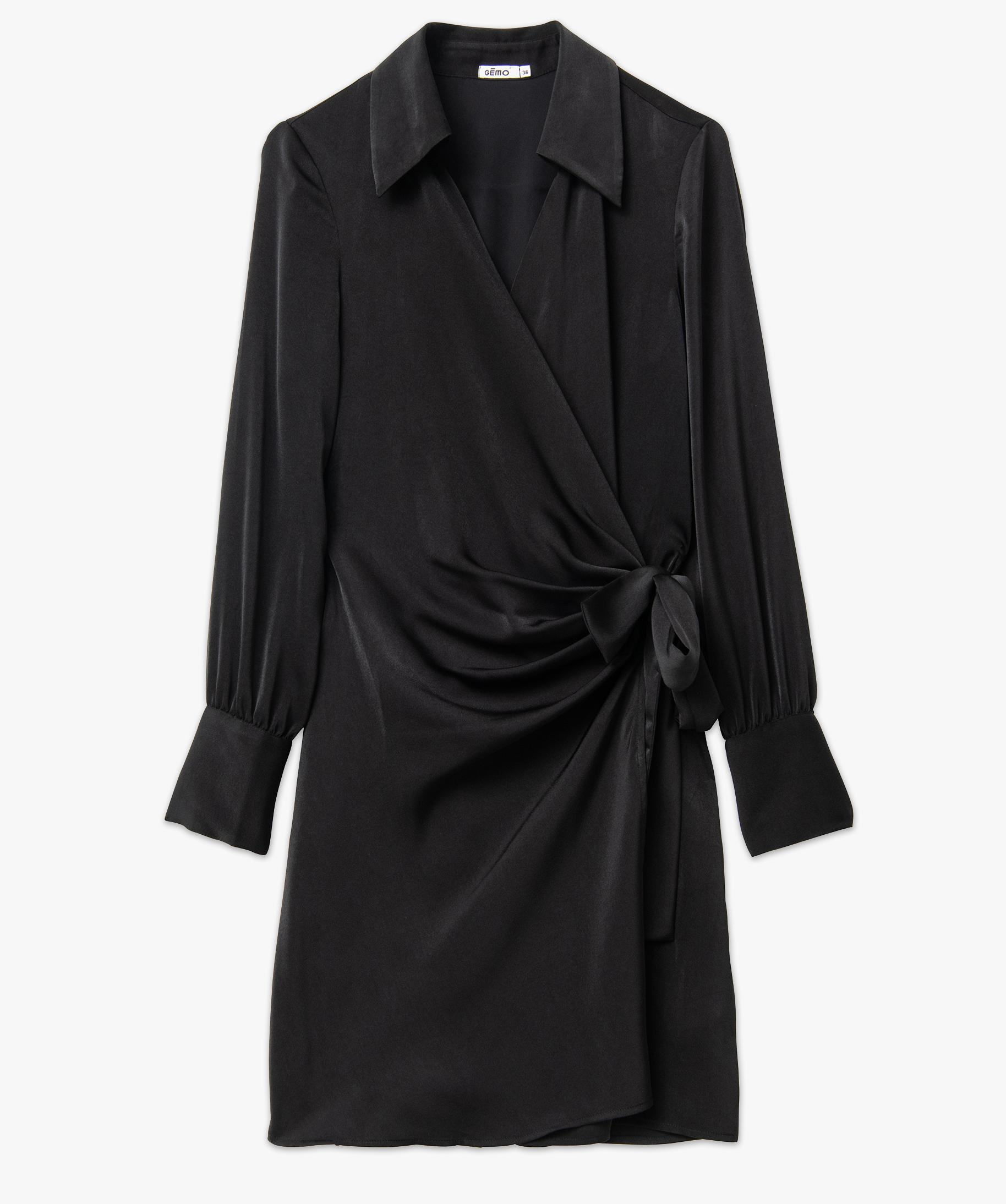 Robe portefeuille courte à manches longues en satin femme noir GEMO