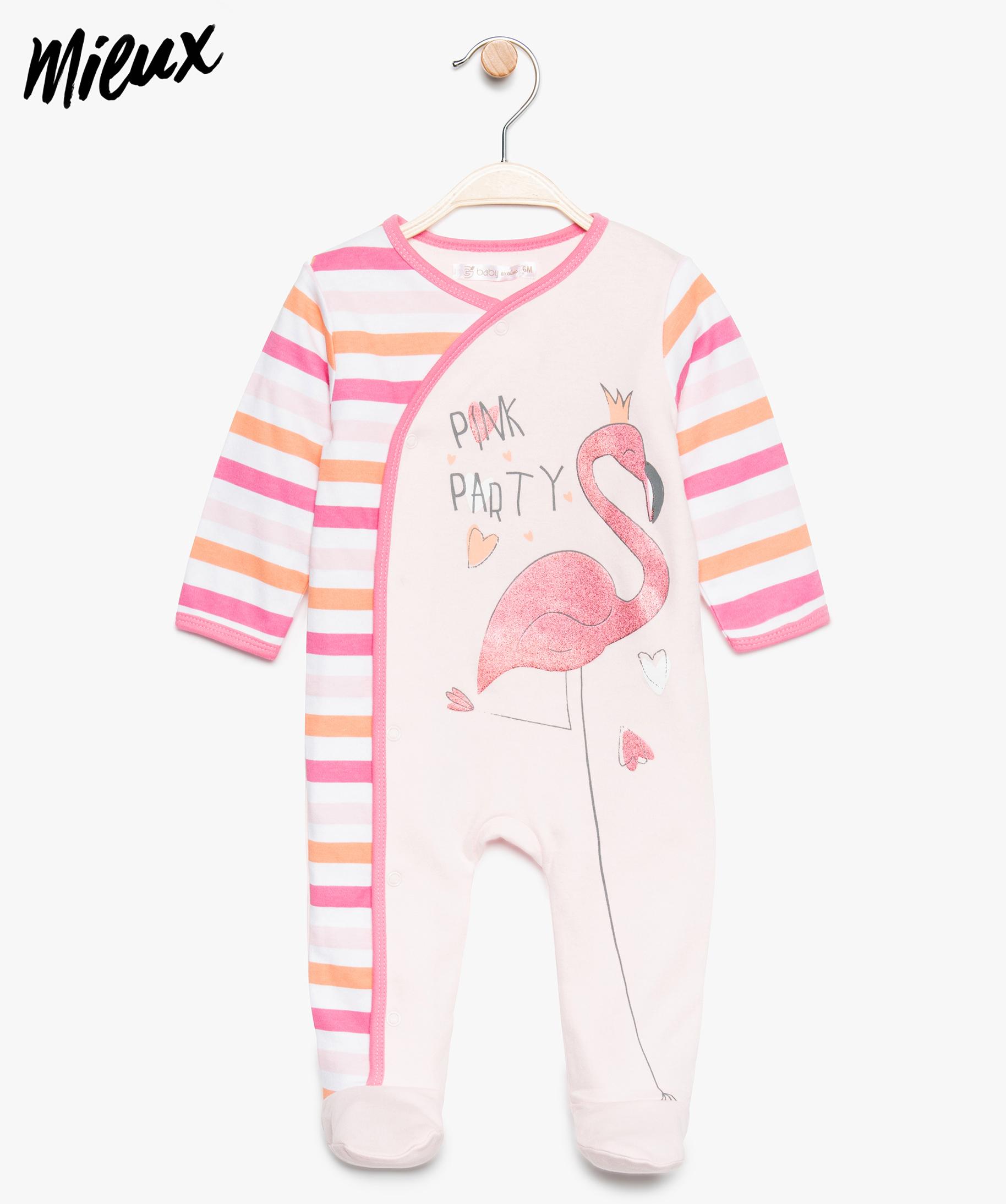 Pyjama Bebe Fille En Coton Bio A Rayures Et Flamant Rose Gemo