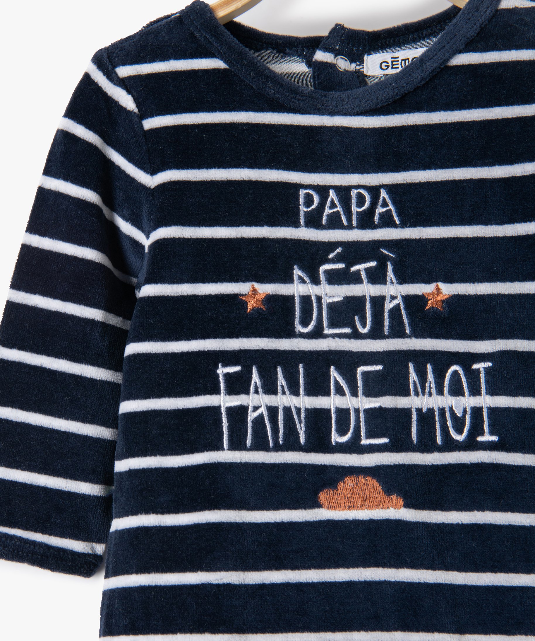 Pyjama bébé en velours avec inscription sur l’avant marine | GEMO