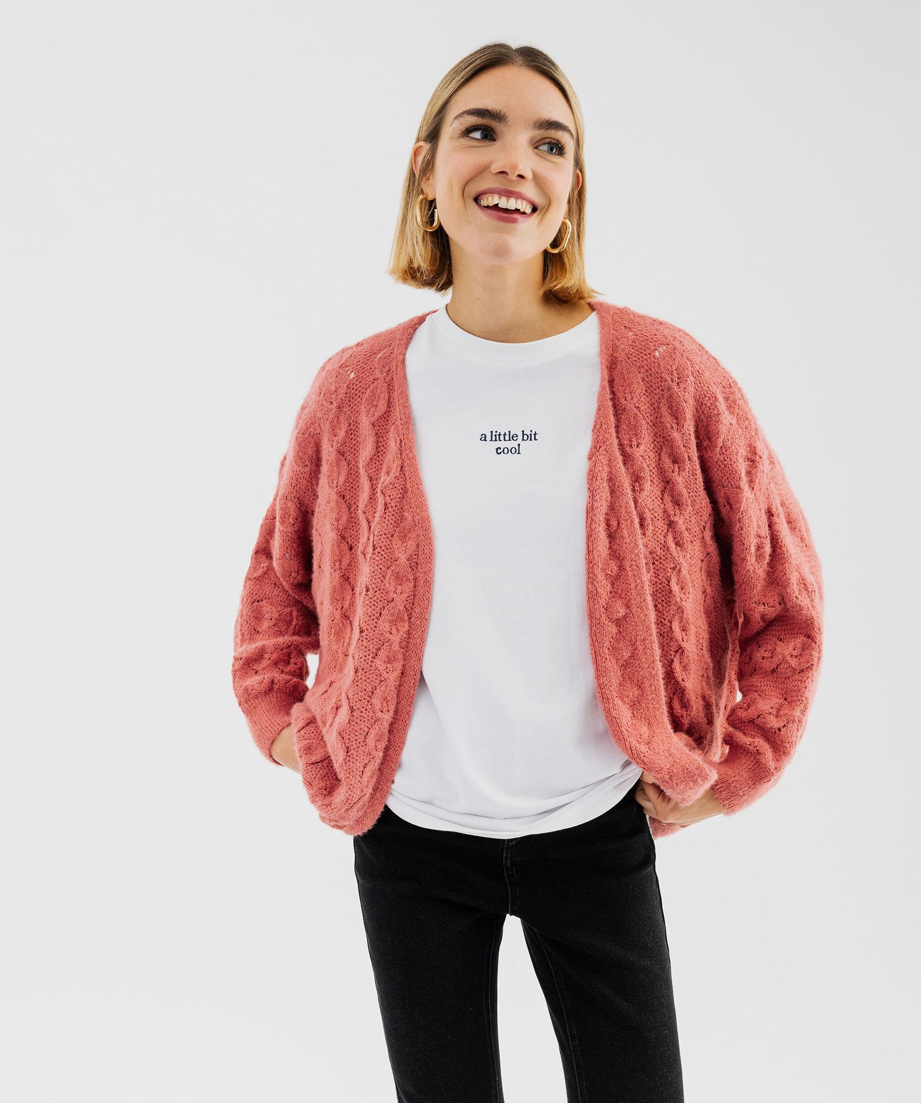 Gilet long ouvert à col rabat - Rose