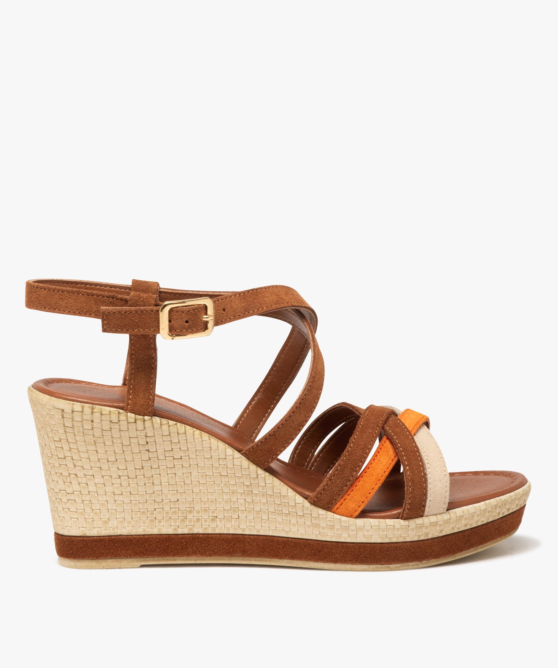 Sandales femme a talon compense avec brides multicolores e. marron GEMO