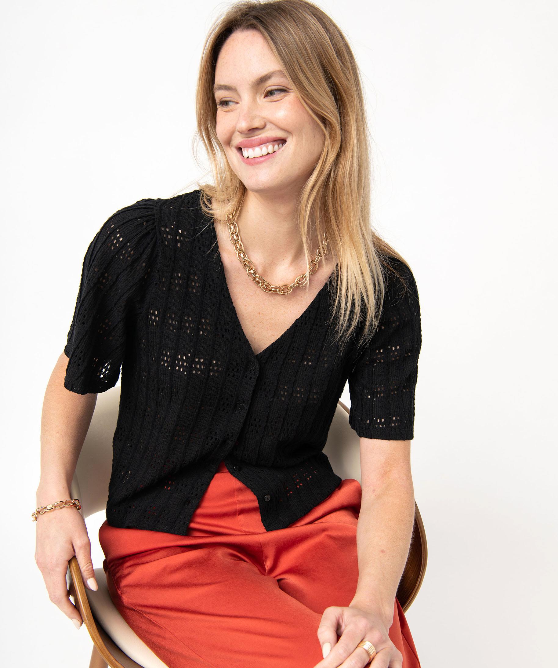 Chemise à manches courtes en maille ajourée femme