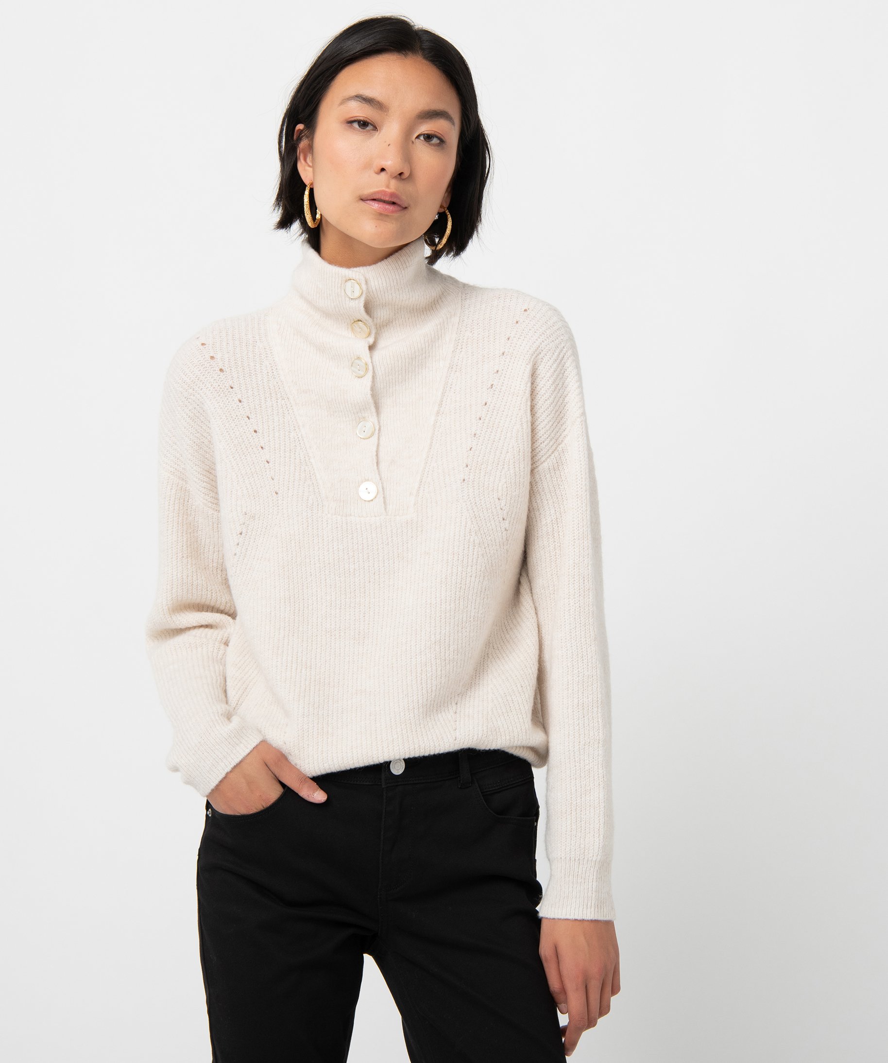 Pull col montant boutons ecru femme