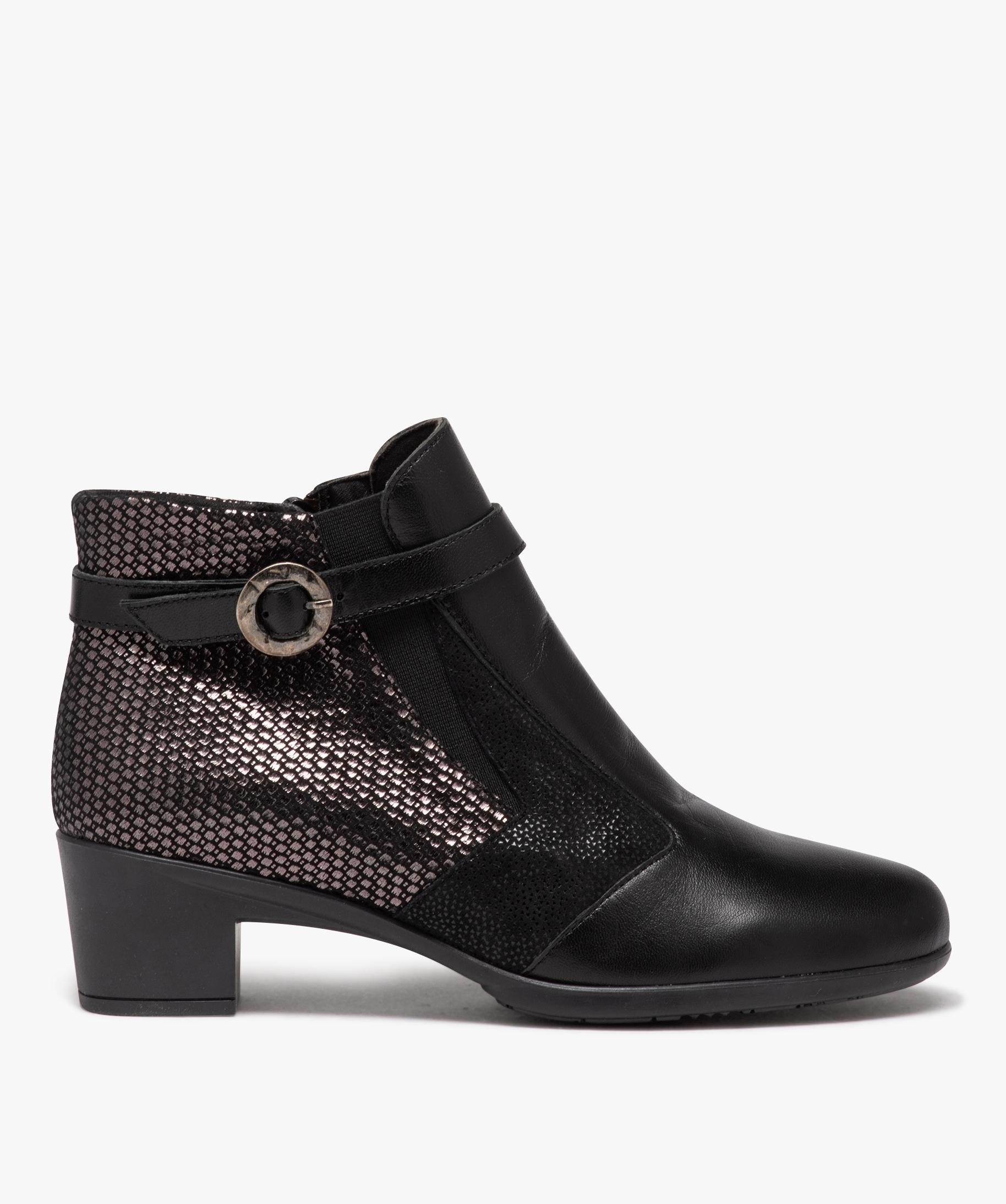 Boots femme confort a talon dessus en cuir uni brillant noir GEMO