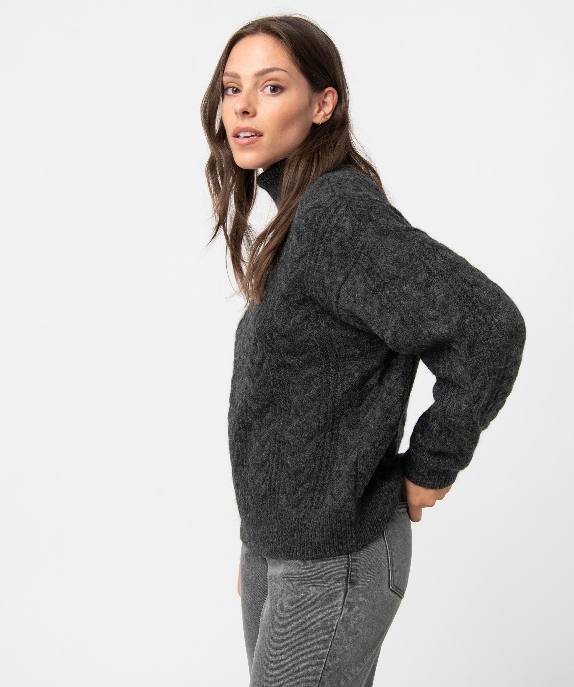 Pull femme col roul en grosse maille torsad e gris GEMO