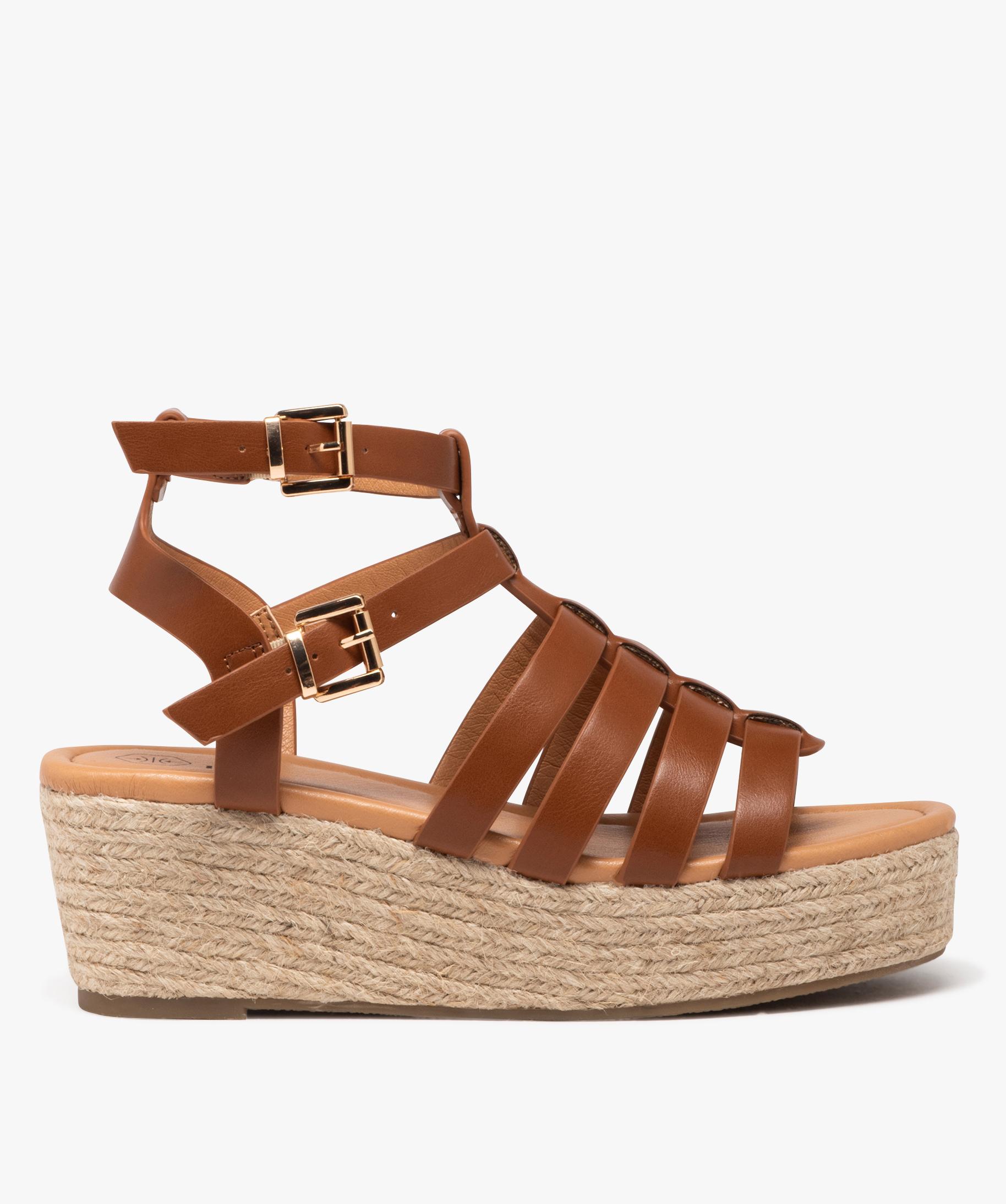 Sandales femme a talon compense en corde avec multi brides. marron GEMO