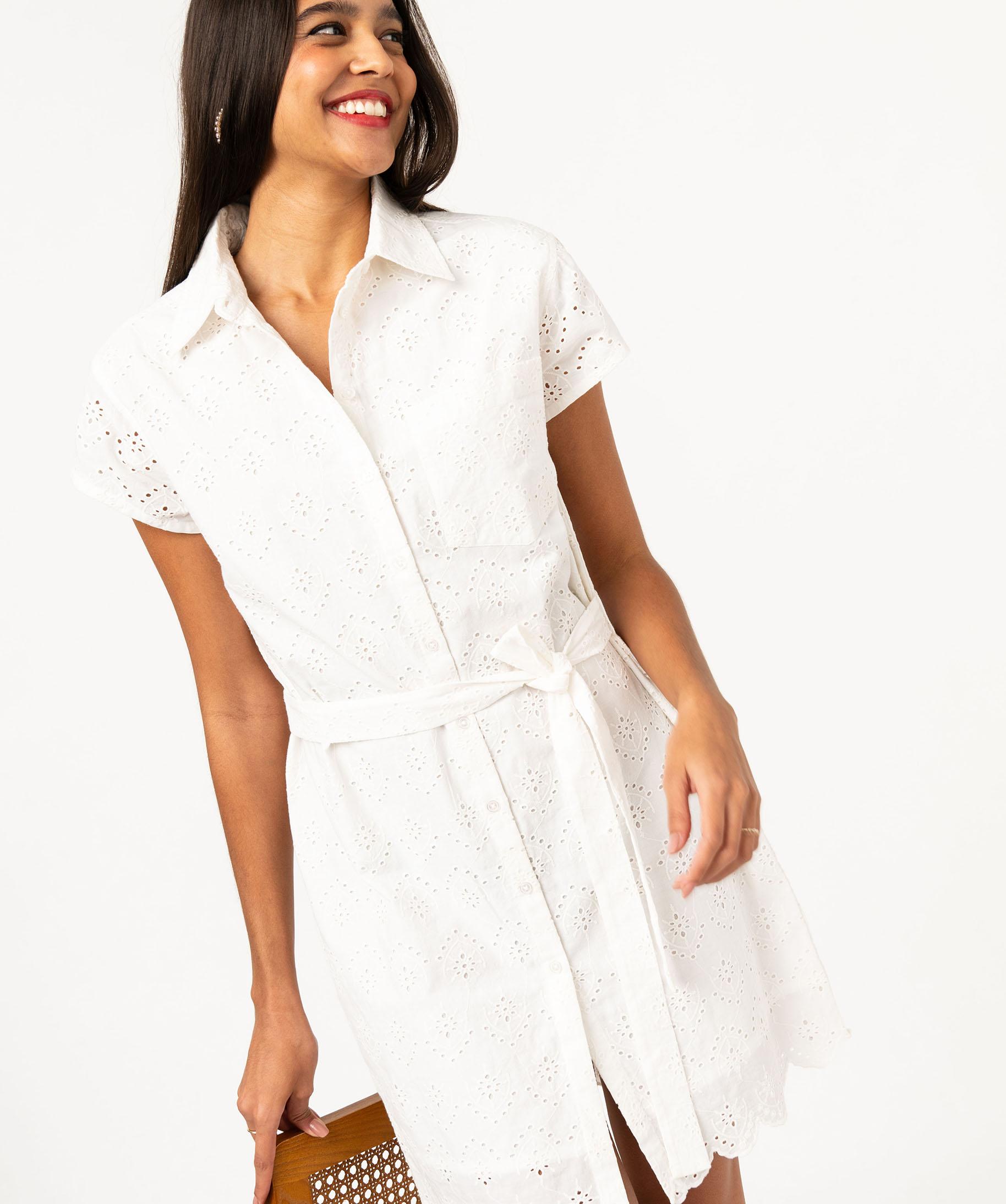 Robe chemise manches courtes en broderie anglaise femme ecru GEMO
