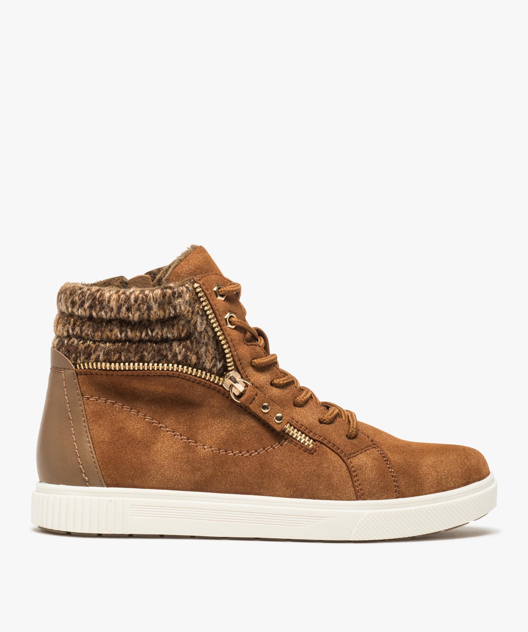 Baskets femme mid cut en suedine unie et doublure chaude marron GEMO