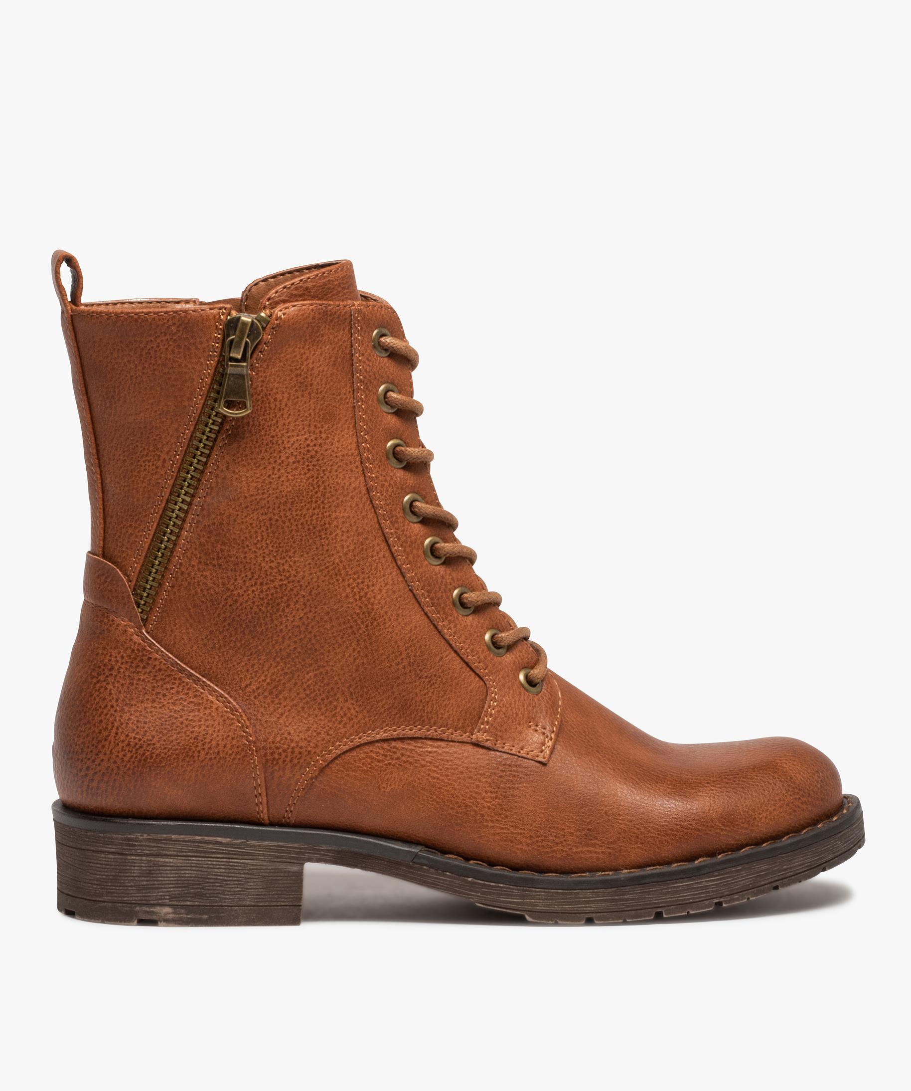 Bottines femme a talon plat unies a lacets marron clair GEMO